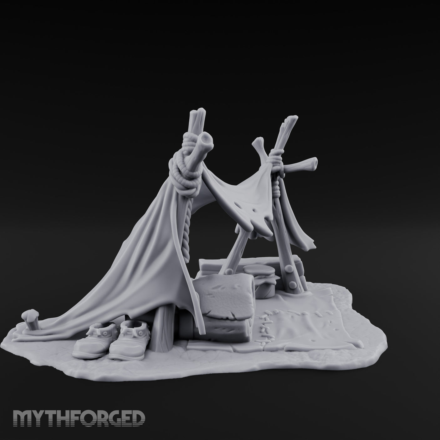 Tattered-Canvas Bedroll-Strewn Adventurer's Lean-To Camp Miniature for Dungeons and Dragons, Pathfinder or other TTRPGs