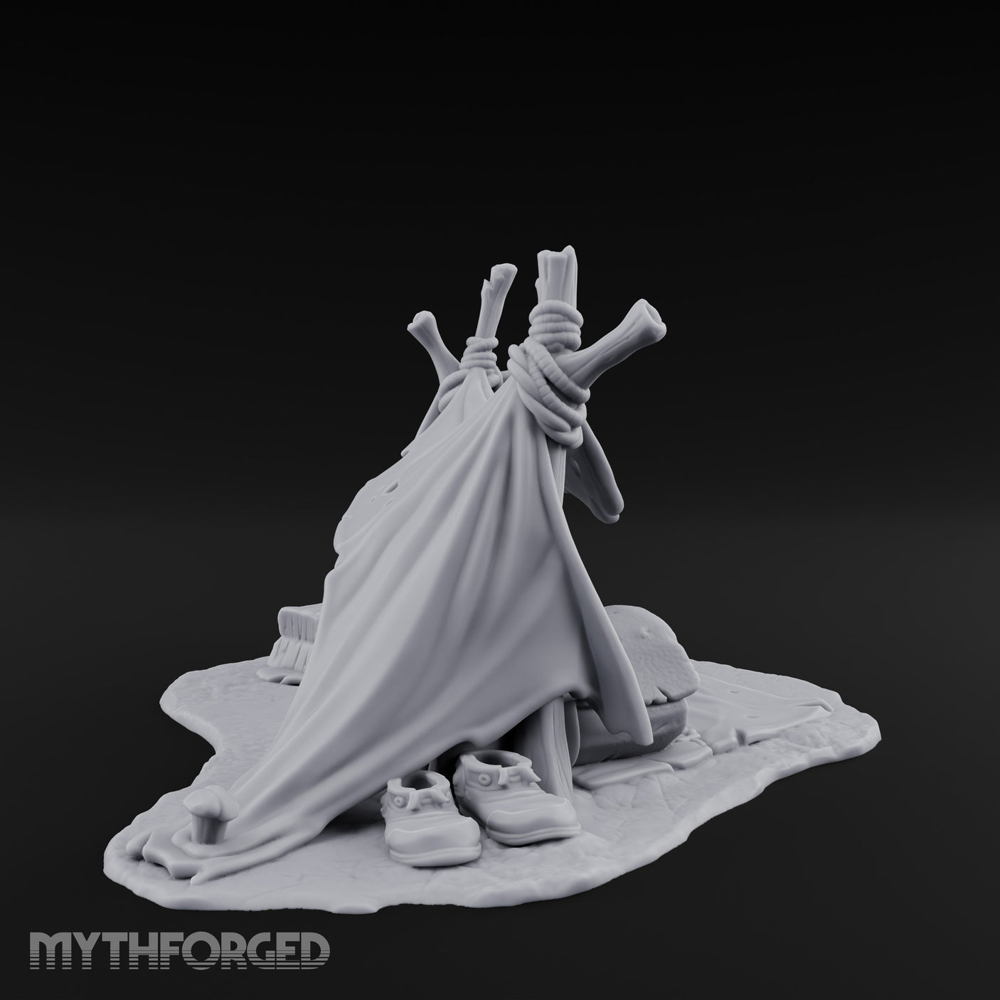 Tattered-Canvas Bedroll-Strewn Adventurer's Lean-To Camp Miniature for Dungeons and Dragons, Pathfinder or other TTRPGs