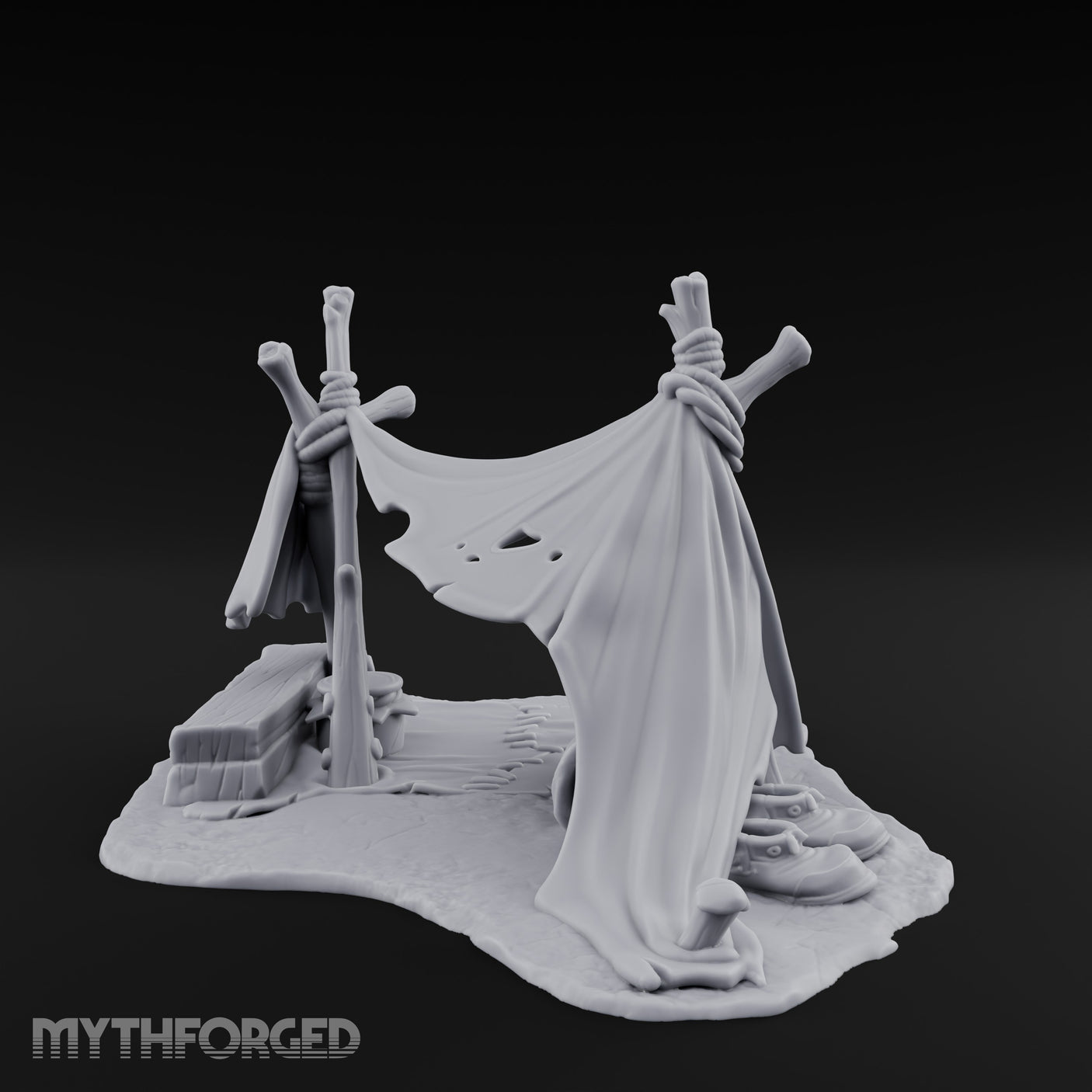 Tattered-Canvas Bedroll-Strewn Adventurer's Lean-To Camp Miniature for Dungeons and Dragons, Pathfinder or other TTRPGs