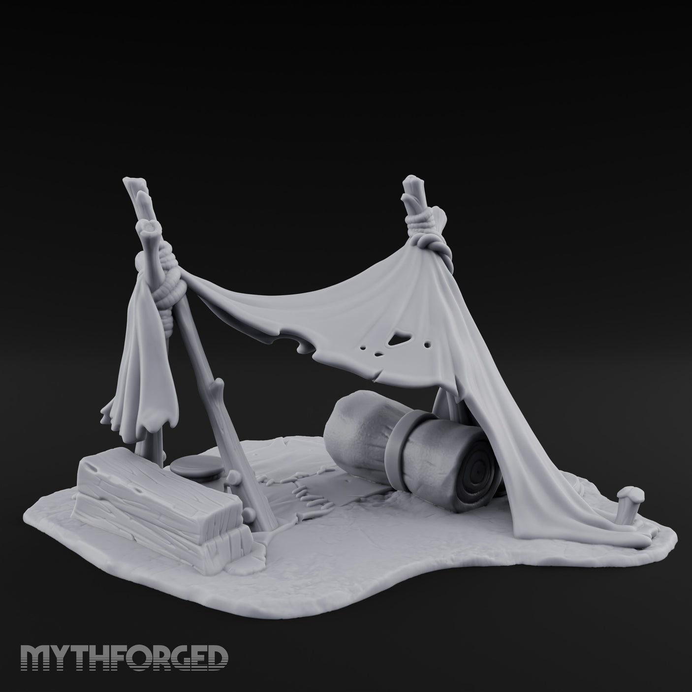 Tattered-Canvas Bedroll-Strewn Adventurer's Lean-To Camp Miniature for Dungeons and Dragons, Pathfinder or other TTRPGs