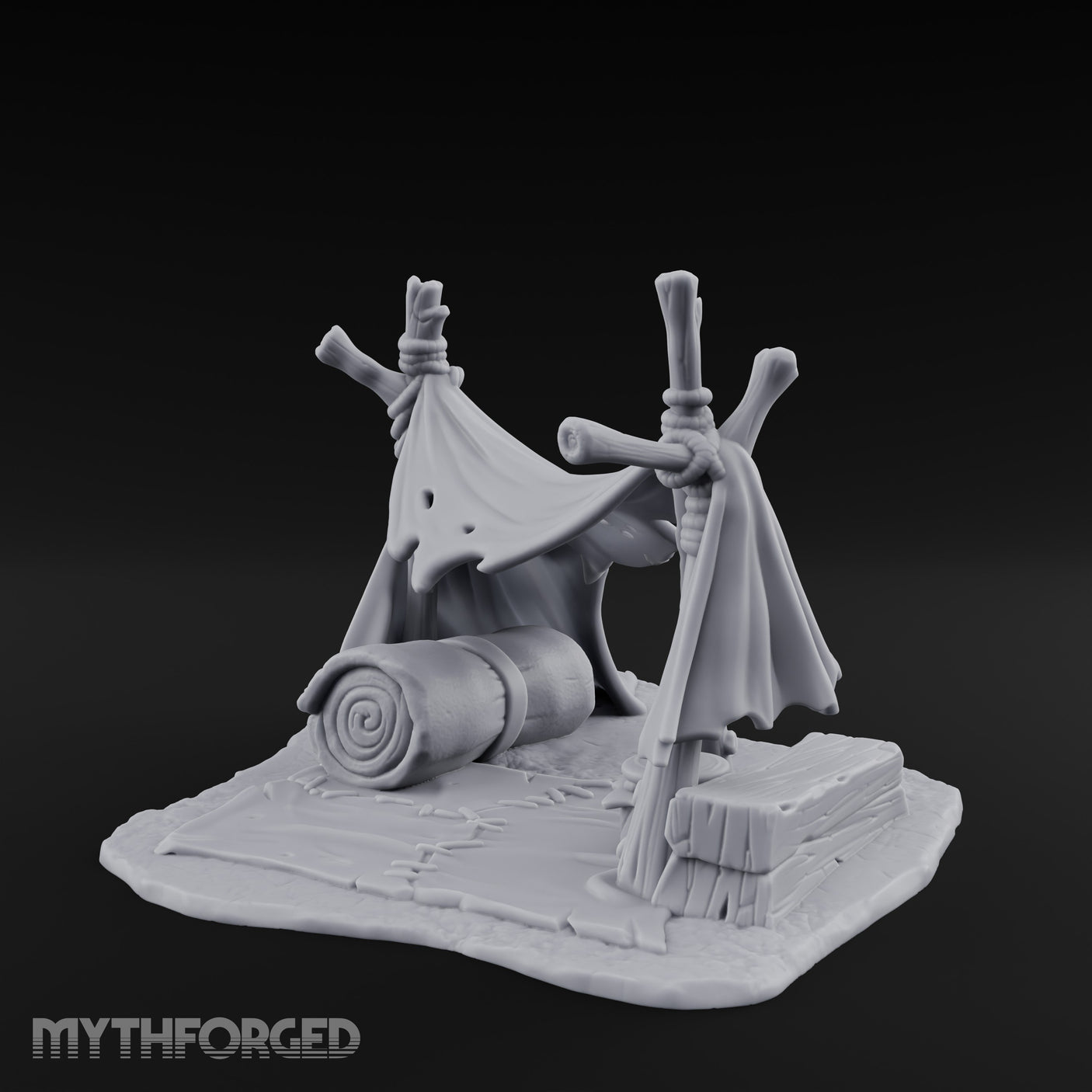Tattered-Canvas Bedroll-Strewn Adventurer's Lean-To Camp Miniature for Dungeons and Dragons, Pathfinder or other TTRPGs