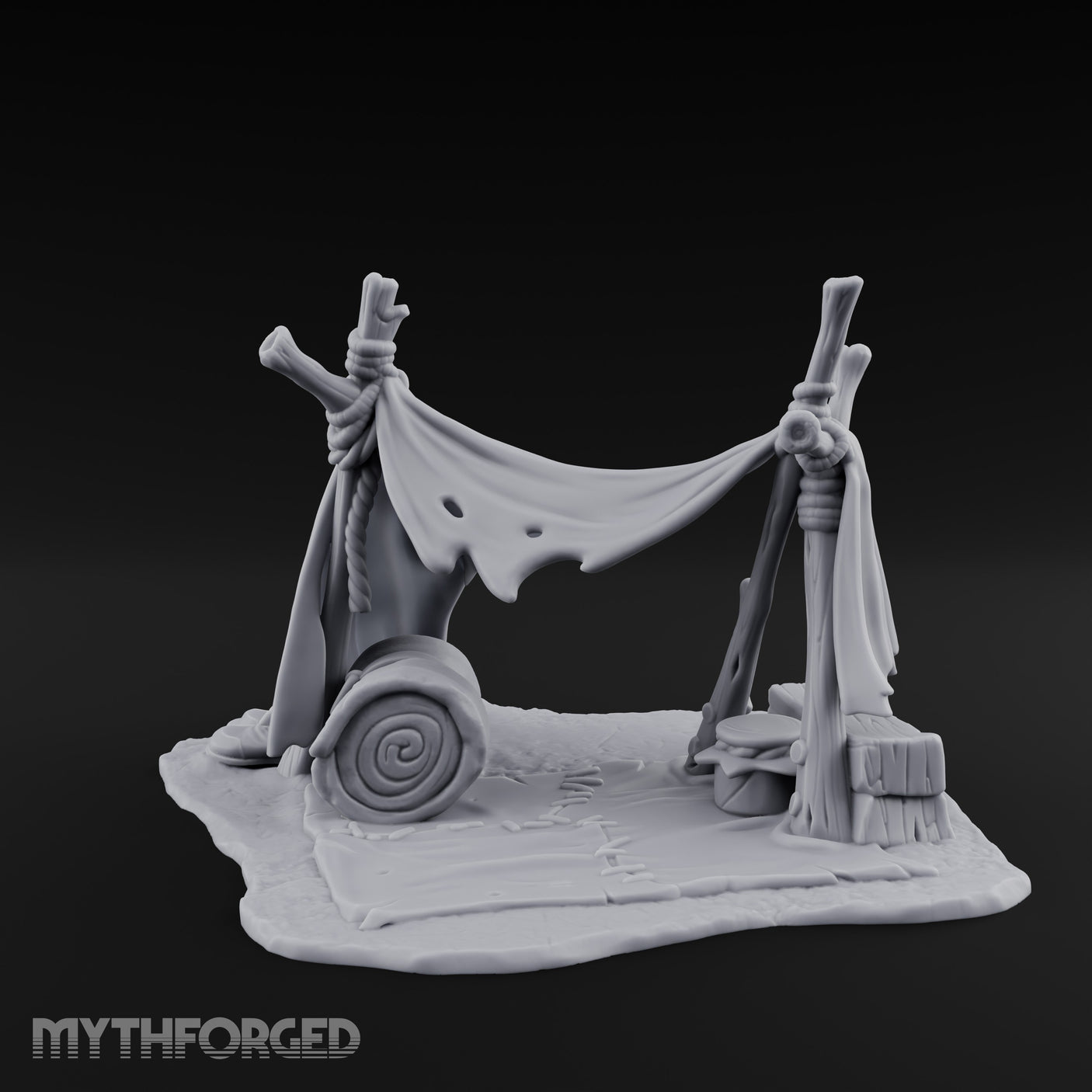 Tattered-Canvas Bedroll-Strewn Adventurer's Lean-To Camp Miniature for Dungeons and Dragons, Pathfinder or other TTRPGs
