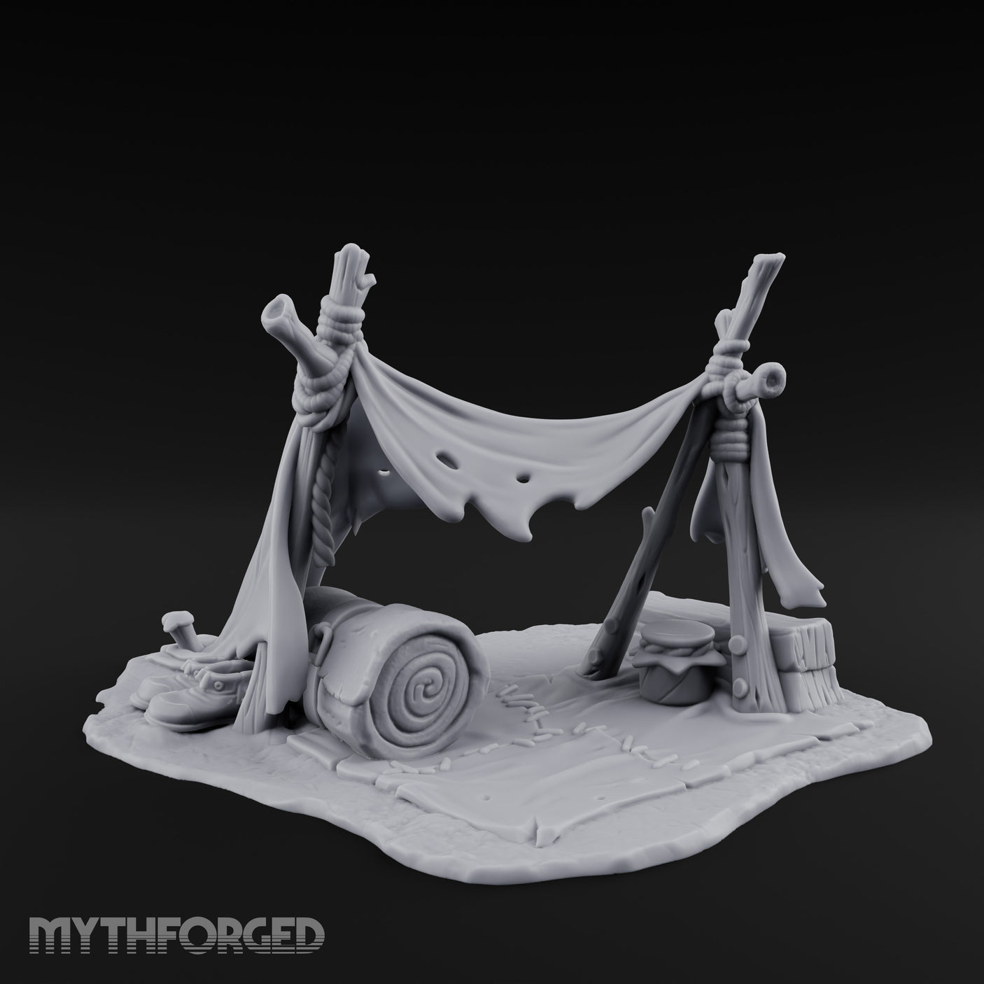 Tattered-Canvas Bedroll-Strewn Adventurer's Lean-To Camp Miniature for Dungeons and Dragons, Pathfinder or other TTRPGs