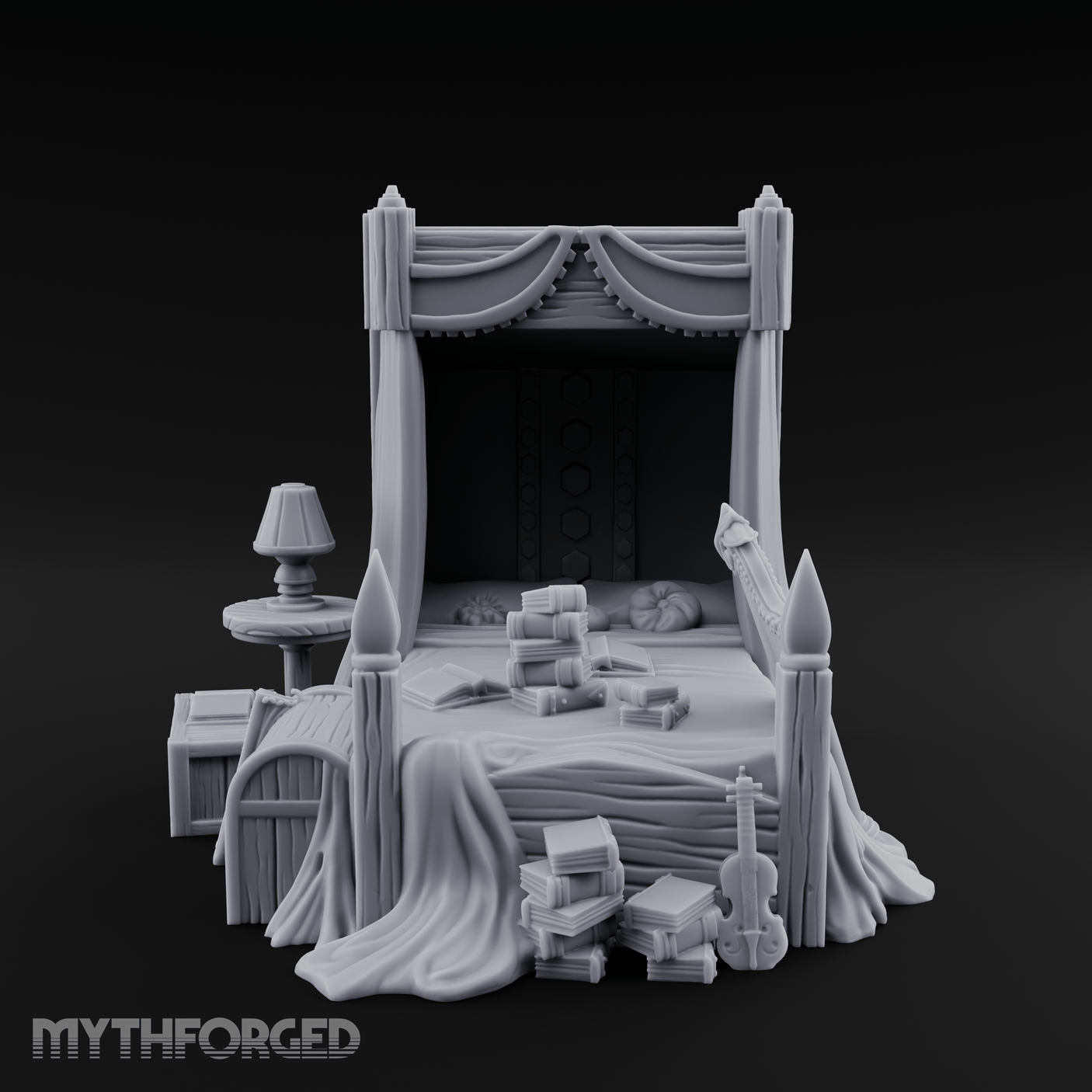 Canopy-Framed Cluttered Noble Bed Miniature for Dungeons and Dragons, Pathfinder or other TTRPGs