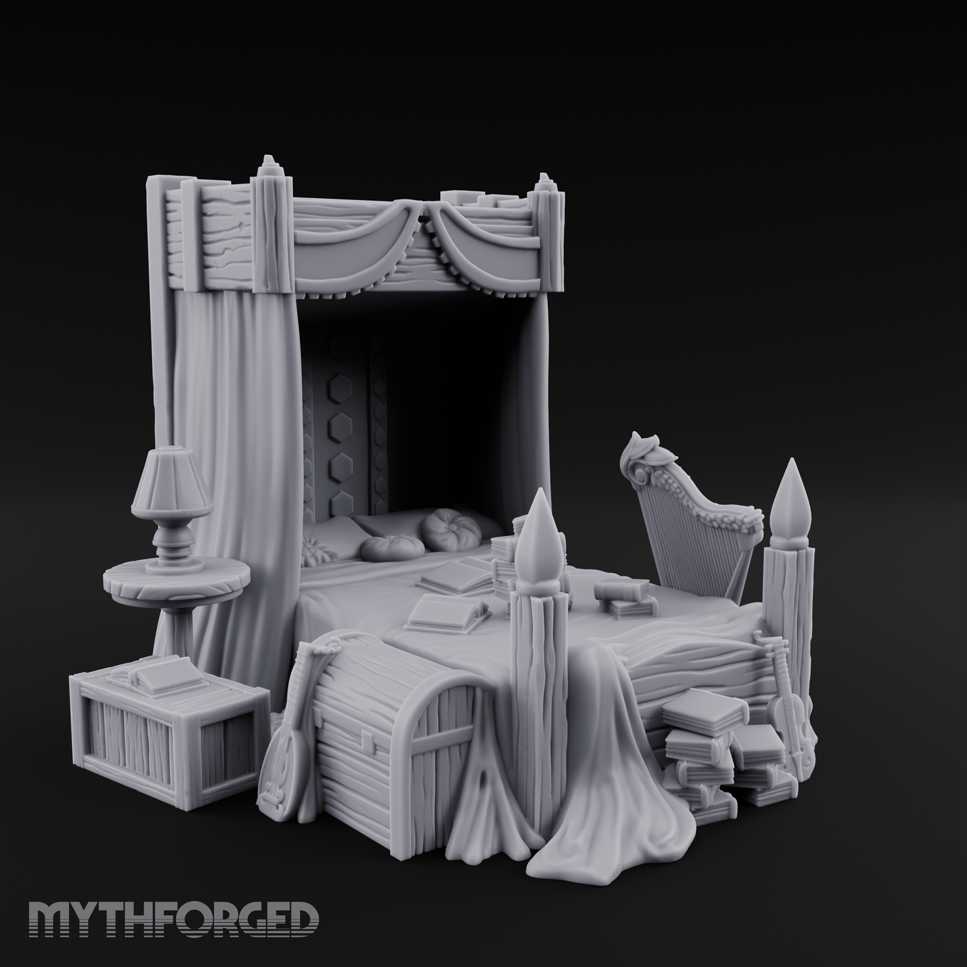Canopy-Framed Cluttered Noble Bed Miniature for Dungeons and Dragons, Pathfinder or other TTRPGs