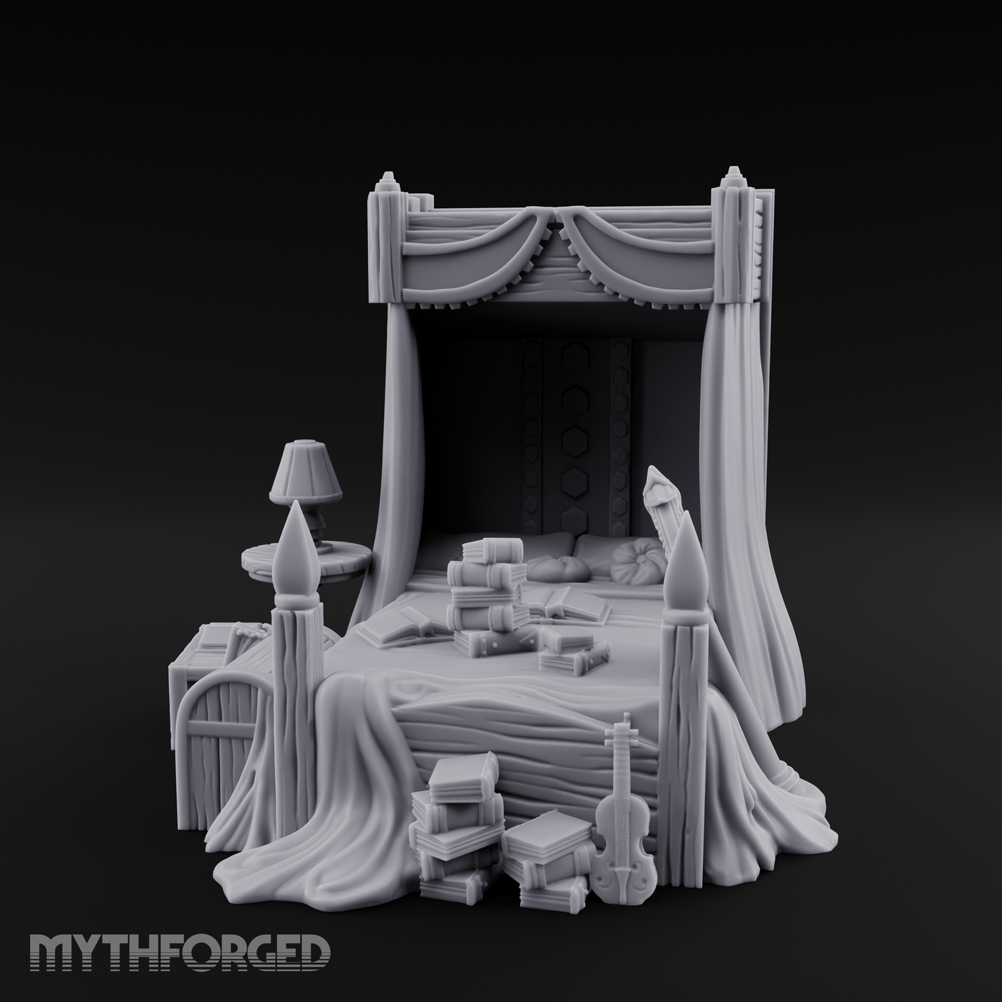 Canopy-Framed Cluttered Noble Bed Miniature for Dungeons and Dragons, Pathfinder or other TTRPGs