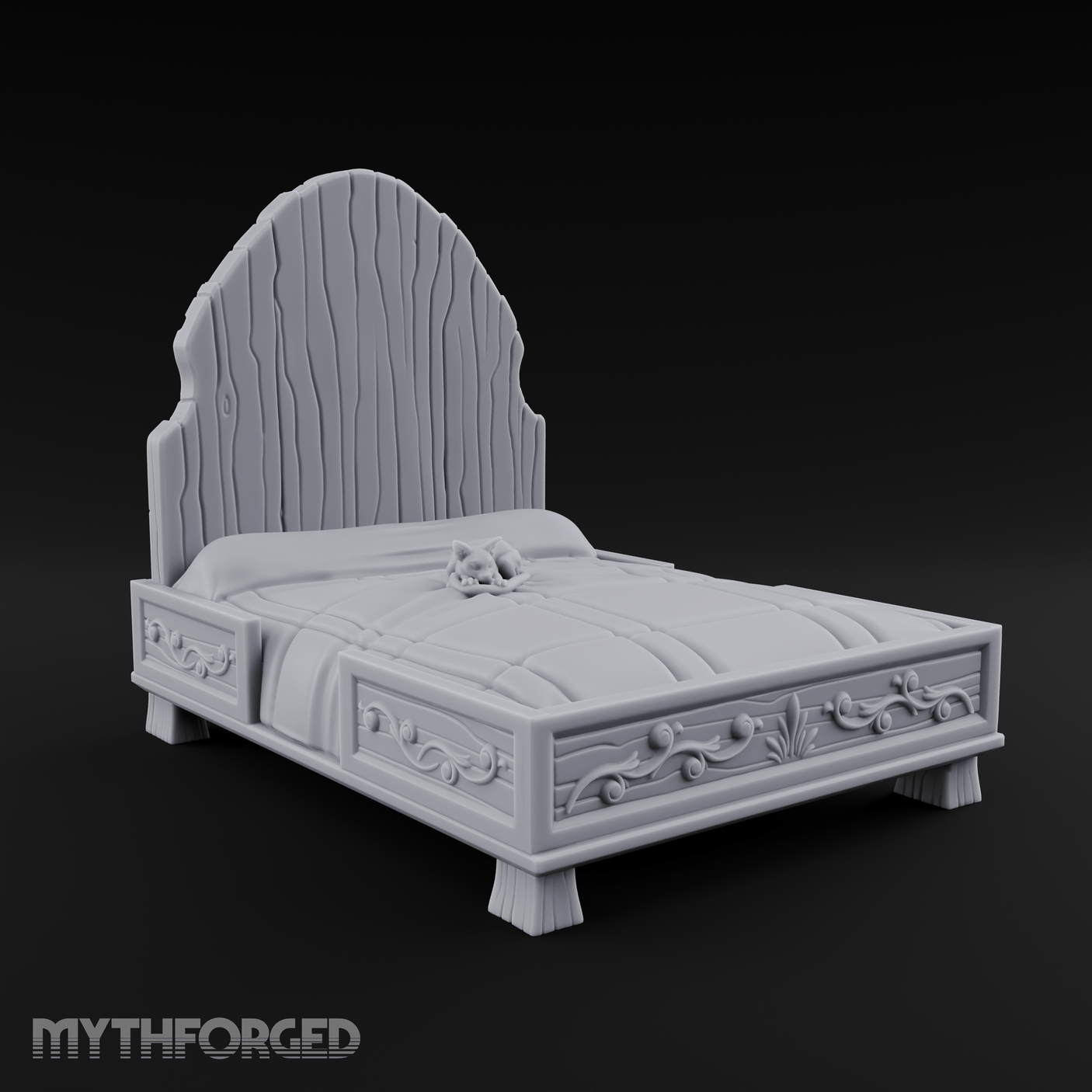 Scrollwork-Framed Noble Bed Miniature for Dungeons and Dragons, Pathfinder or other TTRPGs