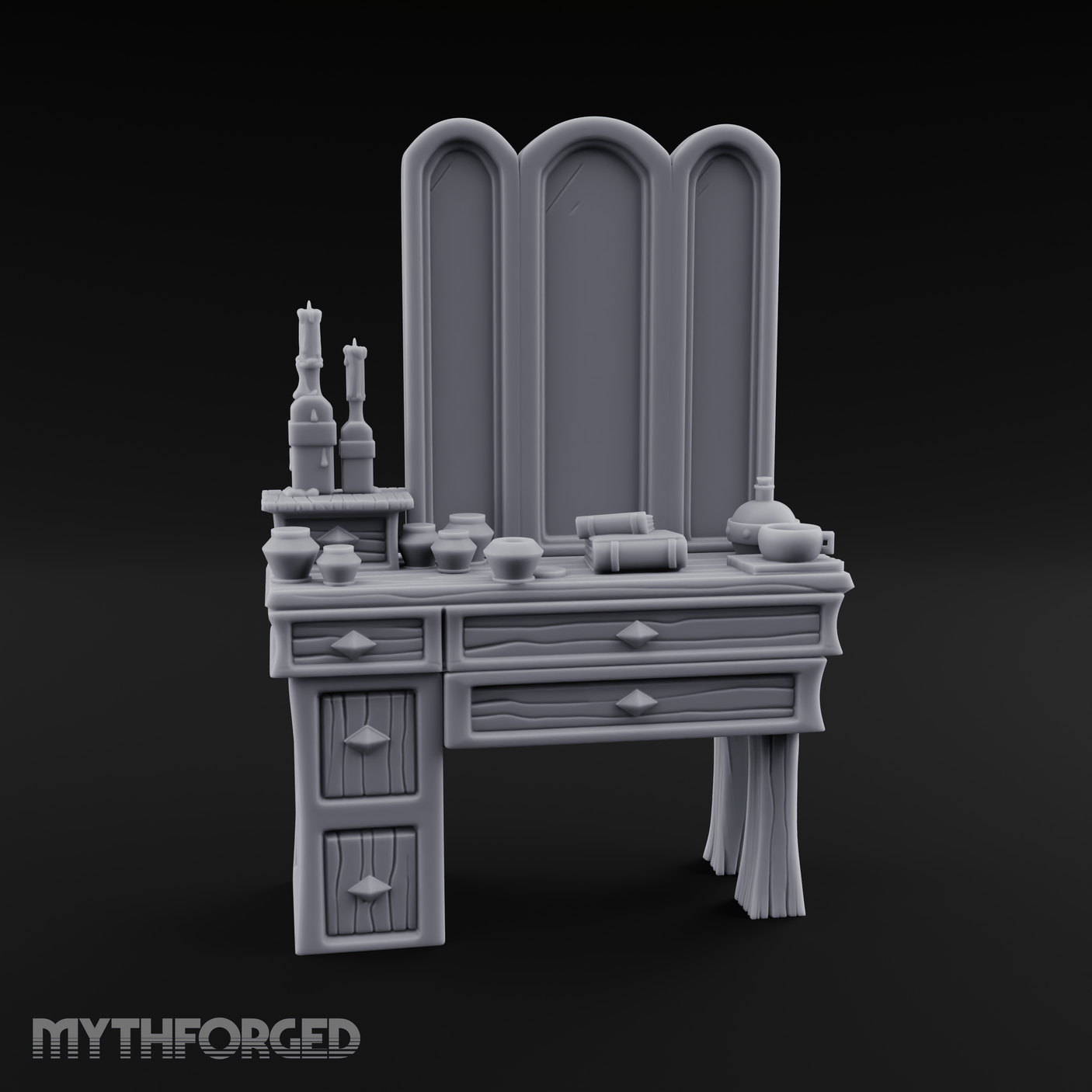 Pearl-Inlaid Vanity Dresser With Triple Mirror Miniature for Dungeons and Dragons, Pathfinder or other TTRPGs