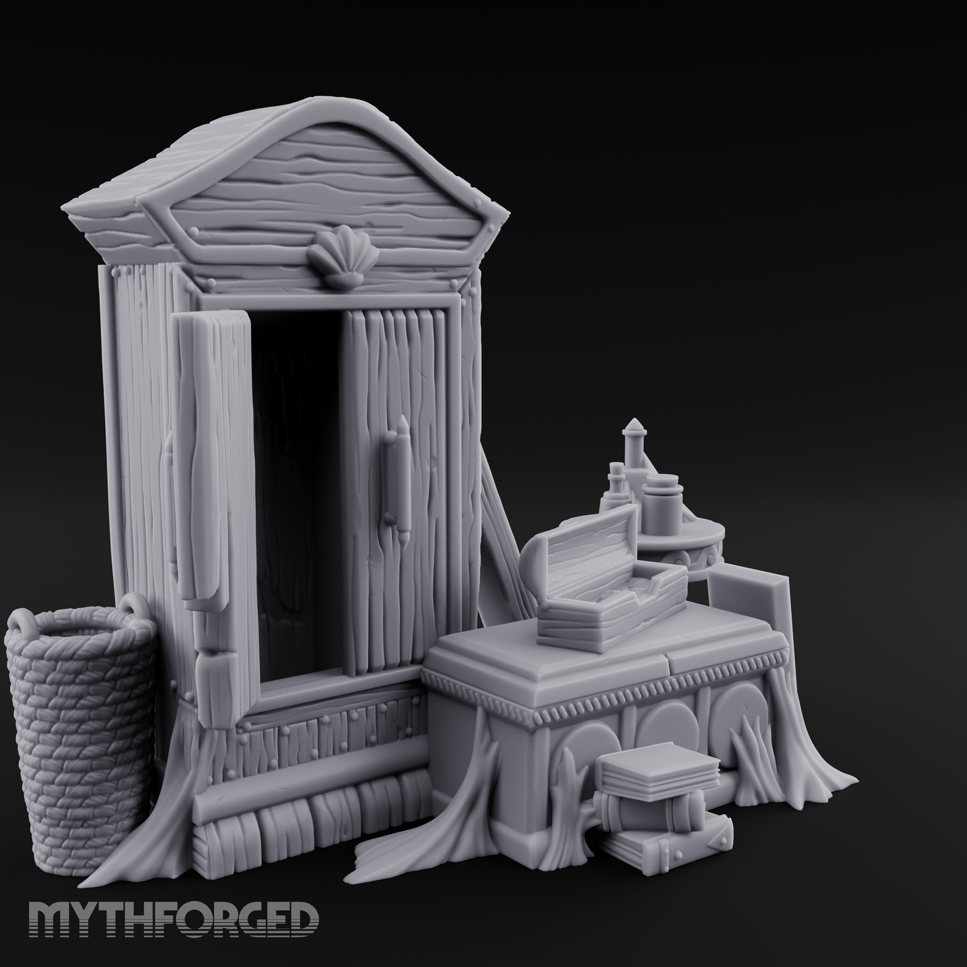 Curtain-Draped Merchant Vanity Miniature for Dungeons and Dragons, Pathfinder or other TTRPGs