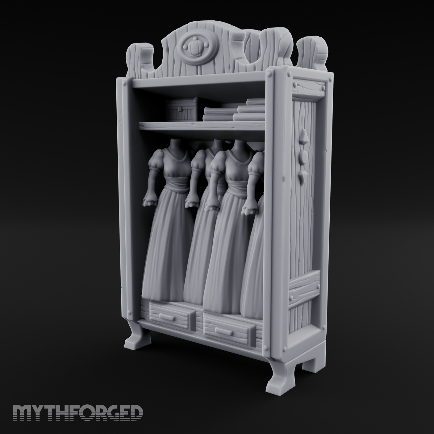 Mannequin-Dressed Tailor's Display Cabinet Miniature for Dungeons and Dragons, Pathfinder or other TTRPGs