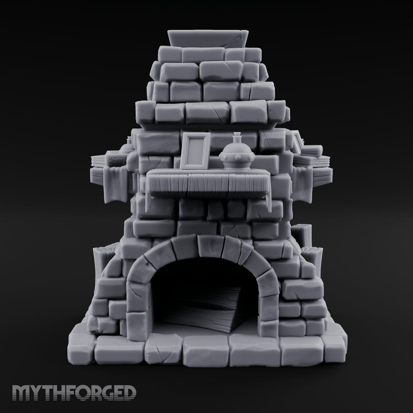 Book-Cluttered Stone Hearth Fireplace Miniature for Dungeons and Dragons, Pathfinder or other TTRPGs