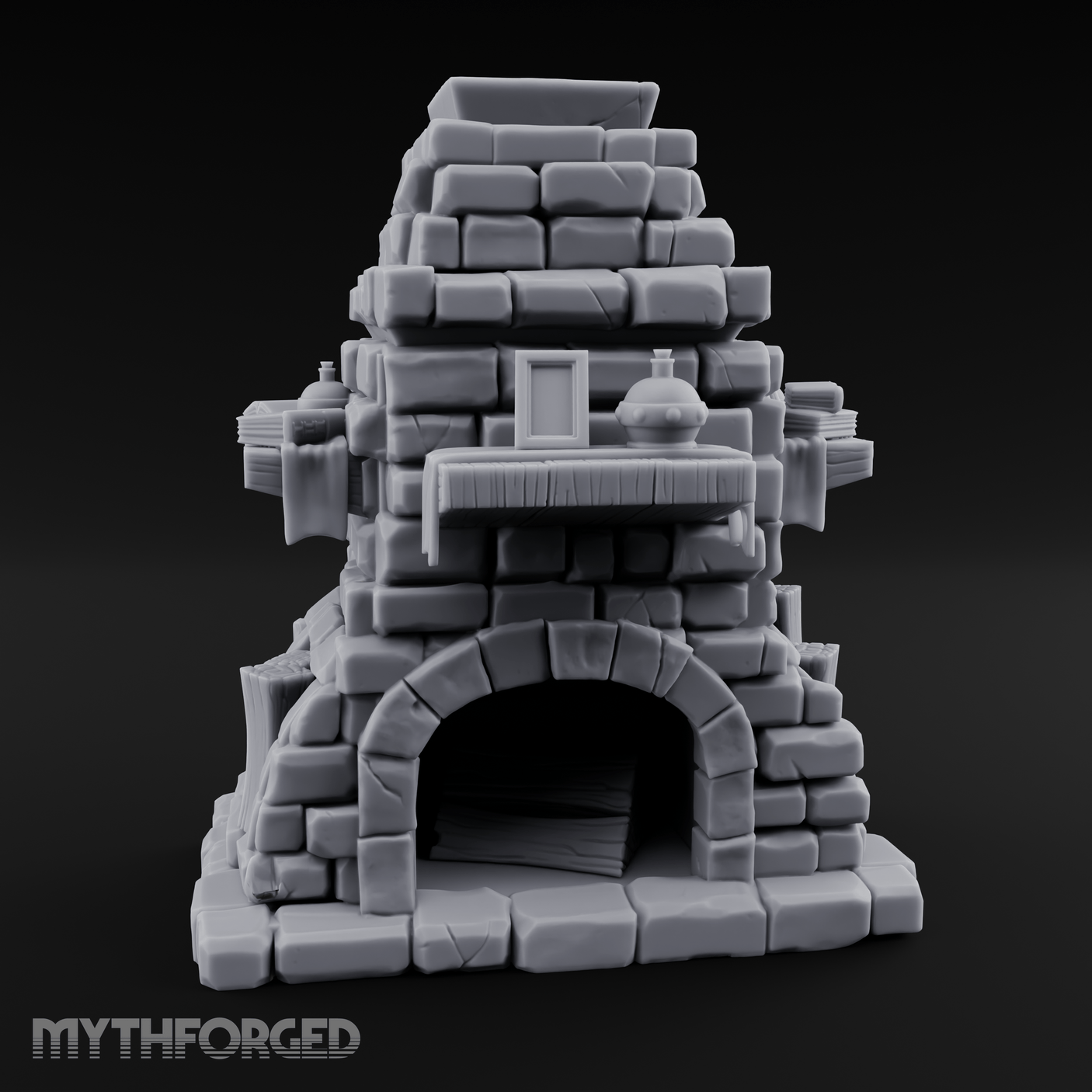 Book-Cluttered Stone Hearth Fireplace Miniature for Dungeons and Dragons, Pathfinder or other TTRPGs