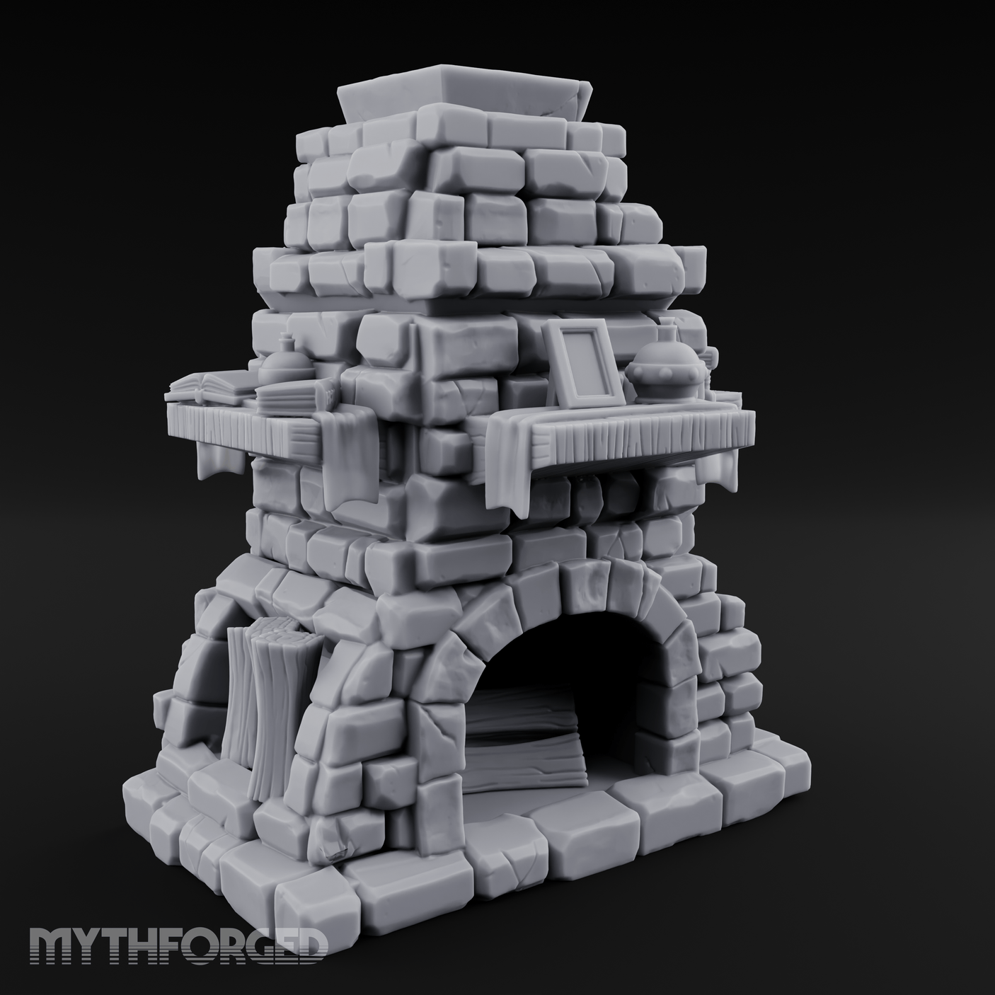 Book-Cluttered Stone Hearth Fireplace Miniature for Dungeons and Dragons, Pathfinder or other TTRPGs
