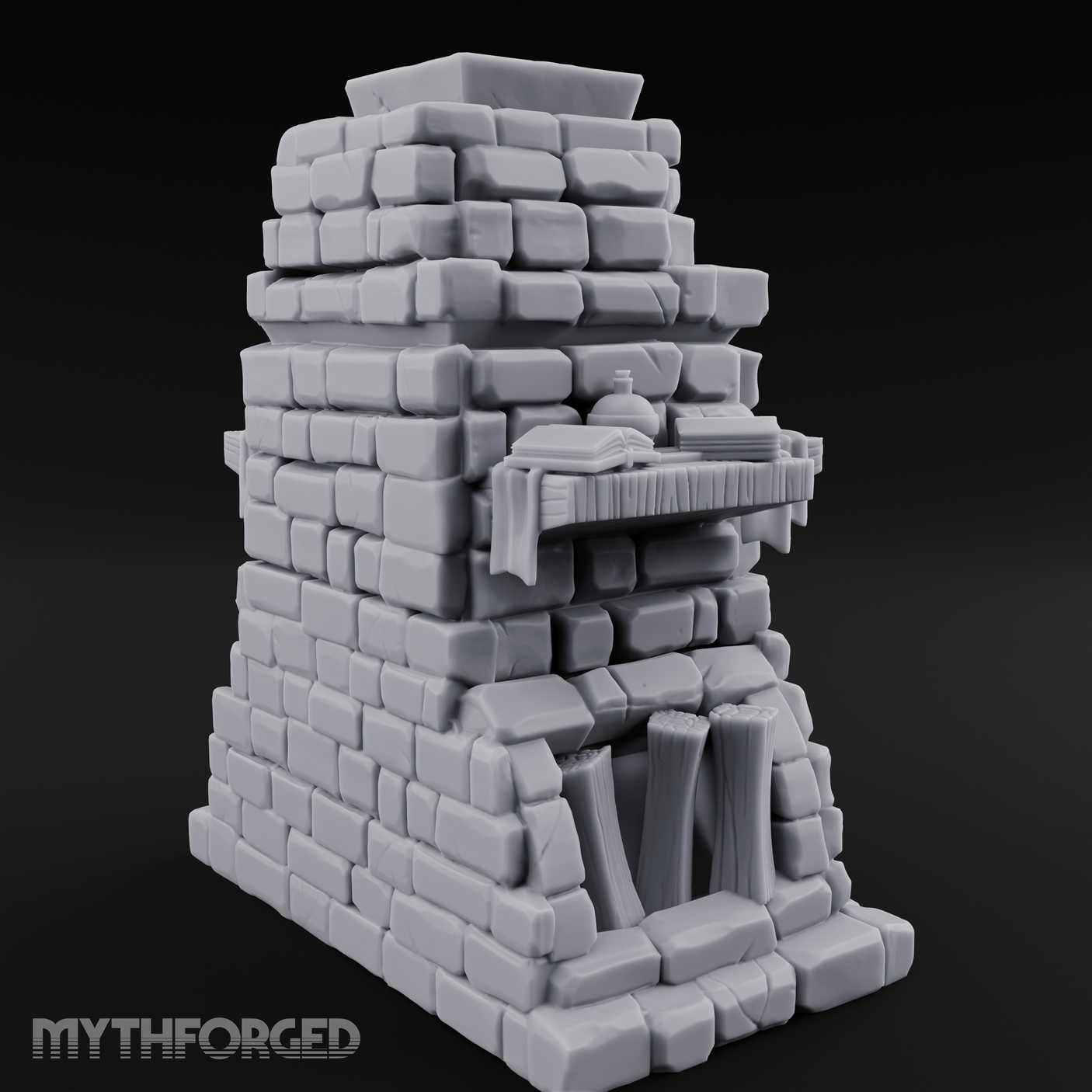 Book-Cluttered Stone Hearth Fireplace Miniature for Dungeons and Dragons, Pathfinder or other TTRPGs
