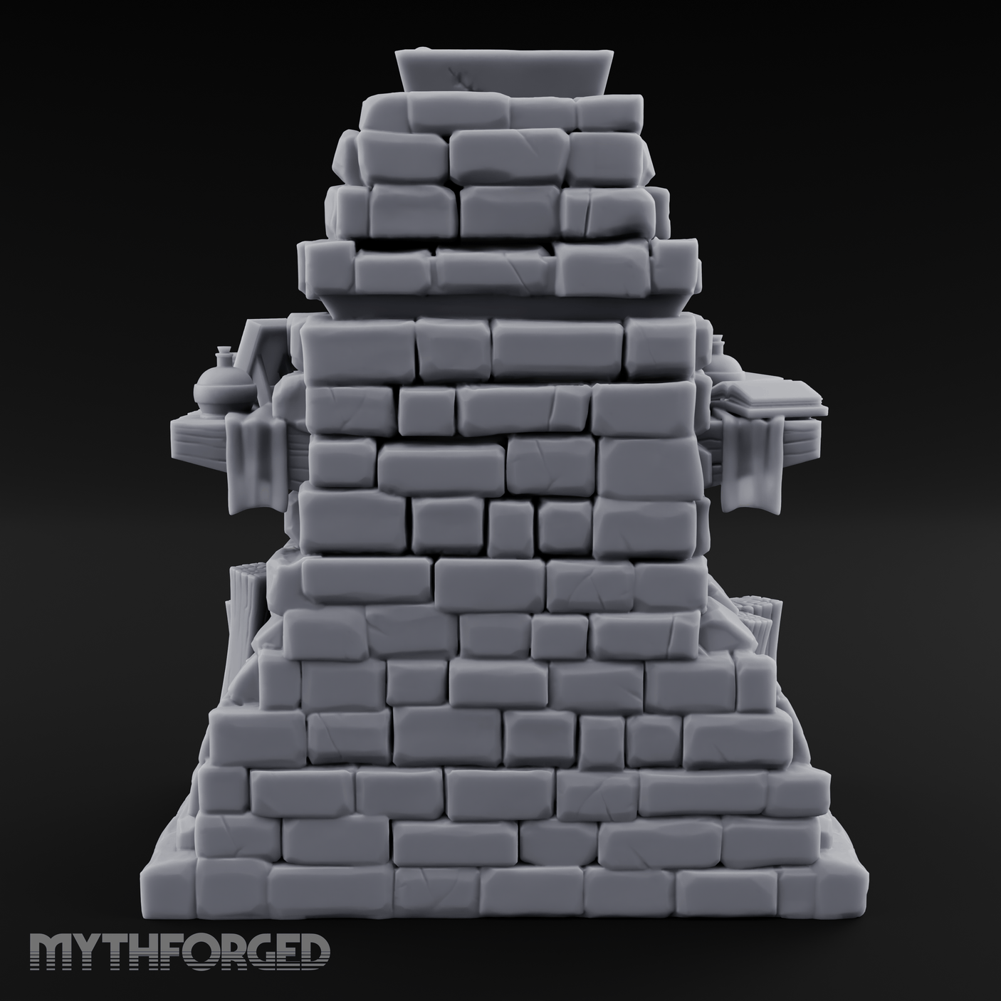 Book-Cluttered Stone Hearth Fireplace Miniature for Dungeons and Dragons, Pathfinder or other TTRPGs