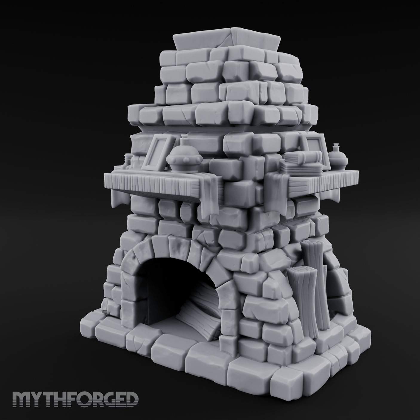 Book-Cluttered Stone Hearth Fireplace Miniature for Dungeons and Dragons, Pathfinder or other TTRPGs