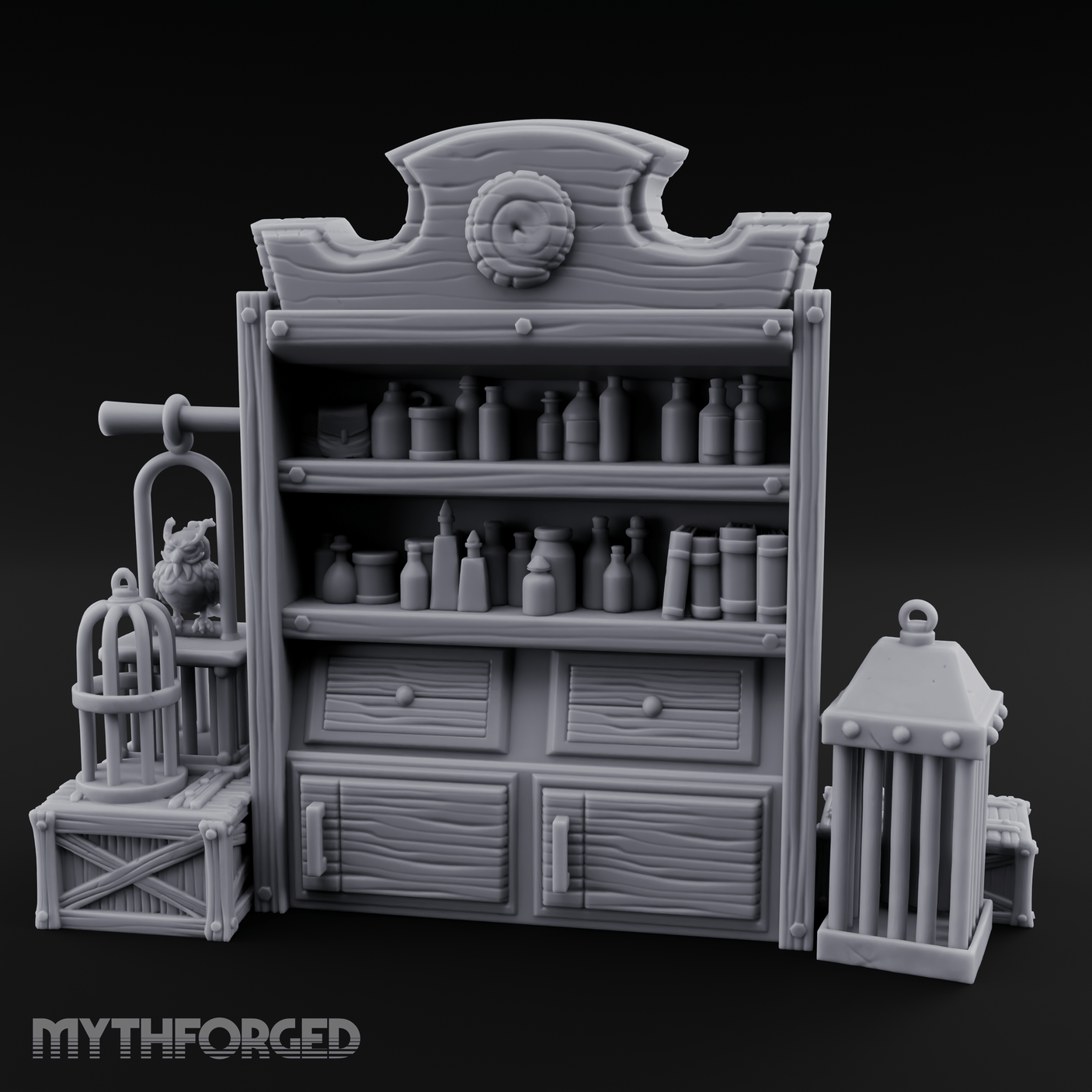Well-Stocked Apothecary Shelf And Cages Miniature for Dungeons and Dragons, Pathfinder or other TTRPGs