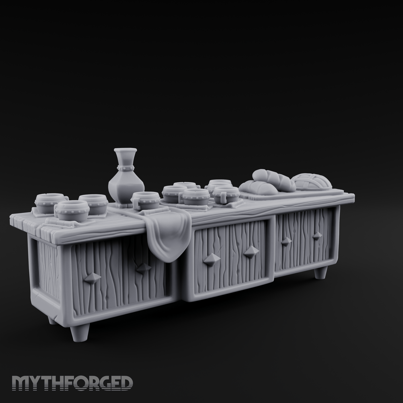 Feast-Laden Tavern Serving Counter Miniature for Dungeons and Dragons, Pathfinder or other TTRPGs