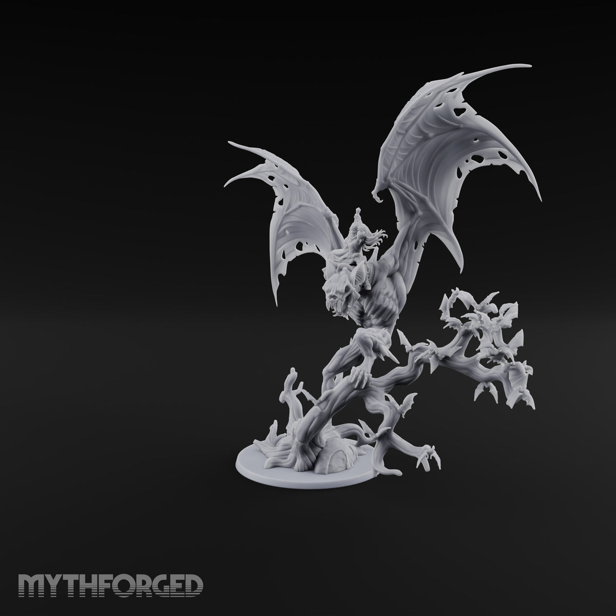 Ragged Wings, Regal Seat Vampire Female Lord on Winged Bat Mount with Axe