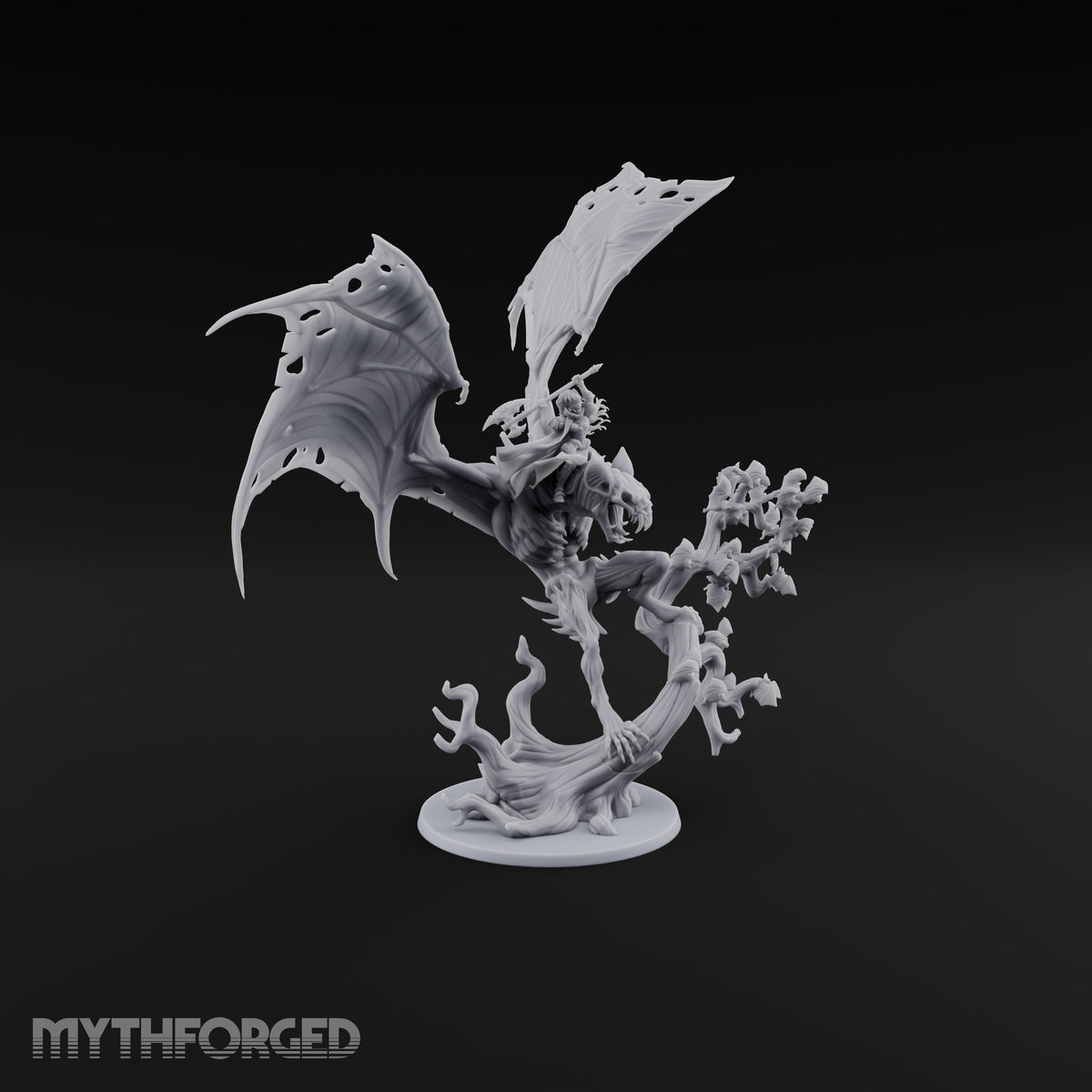 Ragged Wings, Regal Seat Vampire Female Lord on Winged Bat Mount with Axe