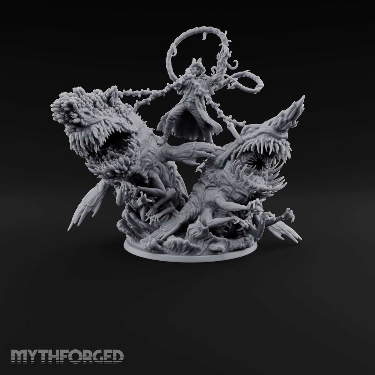 Two Maws, One Message Human Herald with Twin Maw Demons