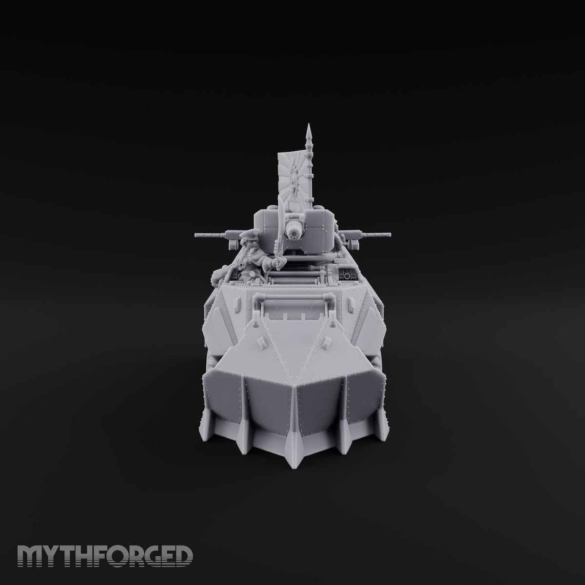 Saber Out, Skull Flying Human Officer and Gas-Masked Crew in Armoured Half-Track with Rotary Cannon — Command Transport with Plow
