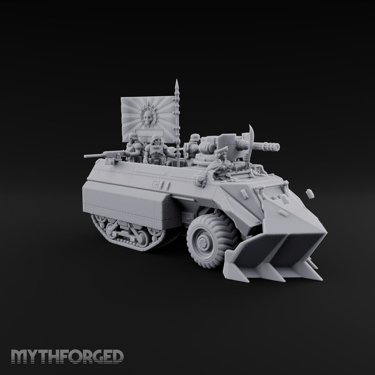 Saber Out, Skull Flying Human Officer and Gas-Masked Crew in Armoured Half-Track with Rotary Cannon — Command Transport with Plow