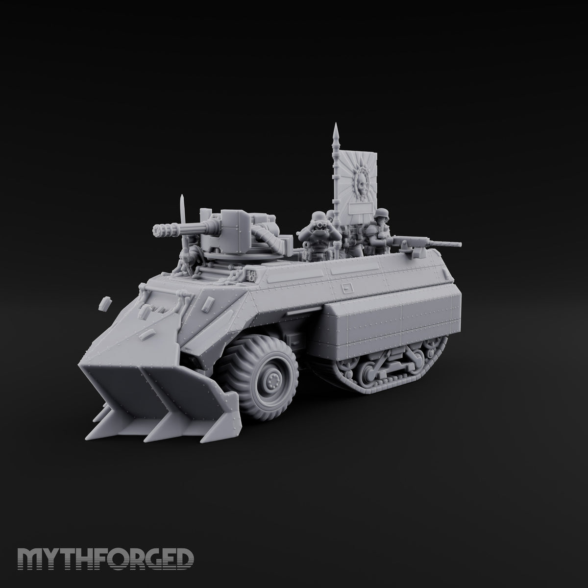 Saber Out, Skull Flying Human Officer and Gas-Masked Crew in Armoured Half-Track with Rotary Cannon — Command Transport with Plow