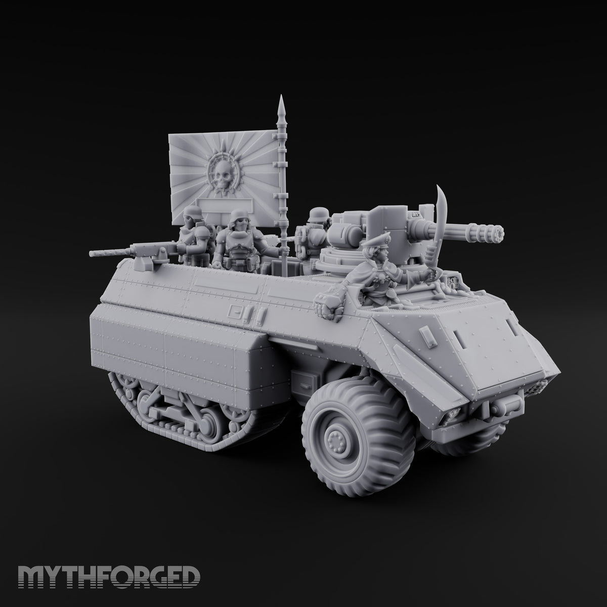 Saber Out, Skull Flying Human Officer and Gas-Masked Crew in Armoured Half-Track with Rotary Cannon — Command Transport