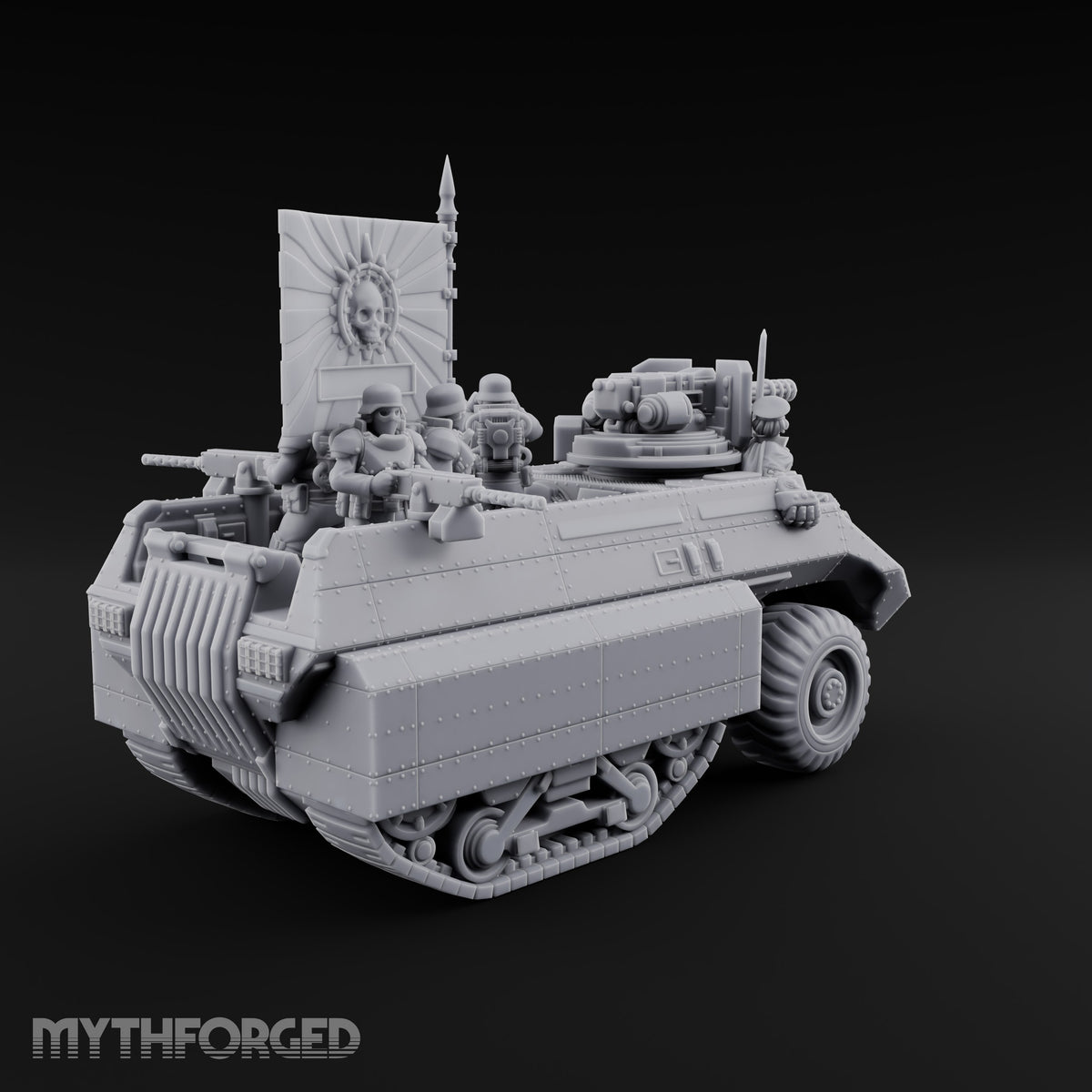 Saber Out, Skull Flying Human Officer and Gas-Masked Crew in Armoured Half-Track with Rotary Cannon — Command Transport