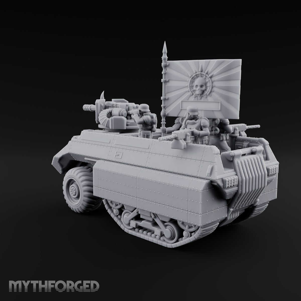 Saber Out, Skull Flying Human Officer and Gas-Masked Crew in Armoured Half-Track with Rotary Cannon — Command Transport