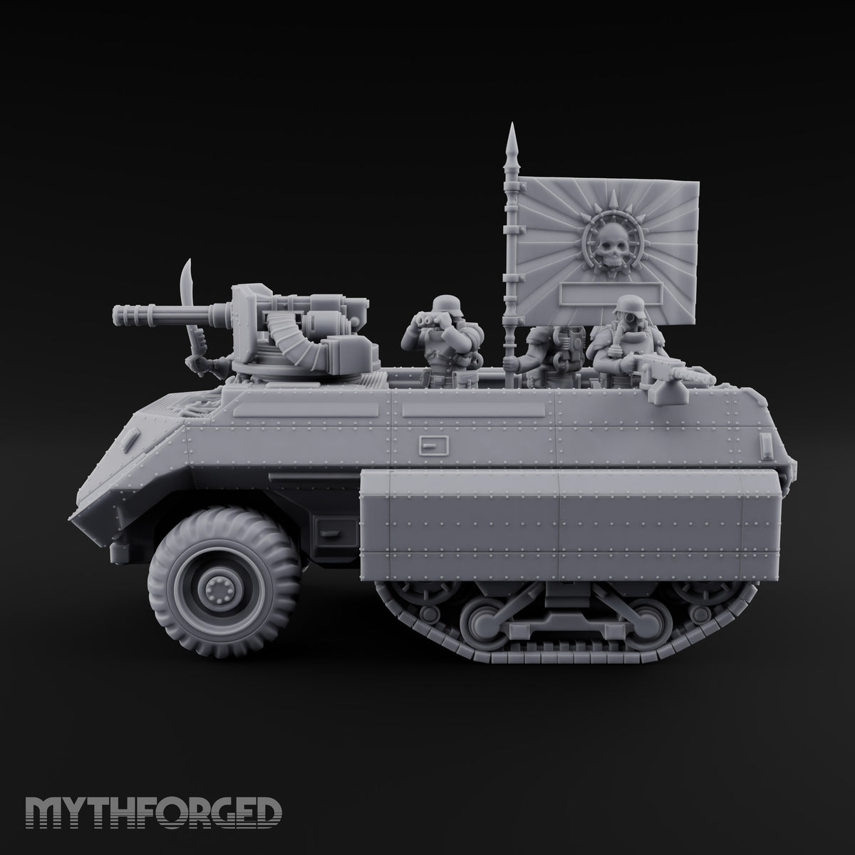 Saber Out, Skull Flying Human Officer and Gas-Masked Crew in Armoured Half-Track with Rotary Cannon — Command Transport