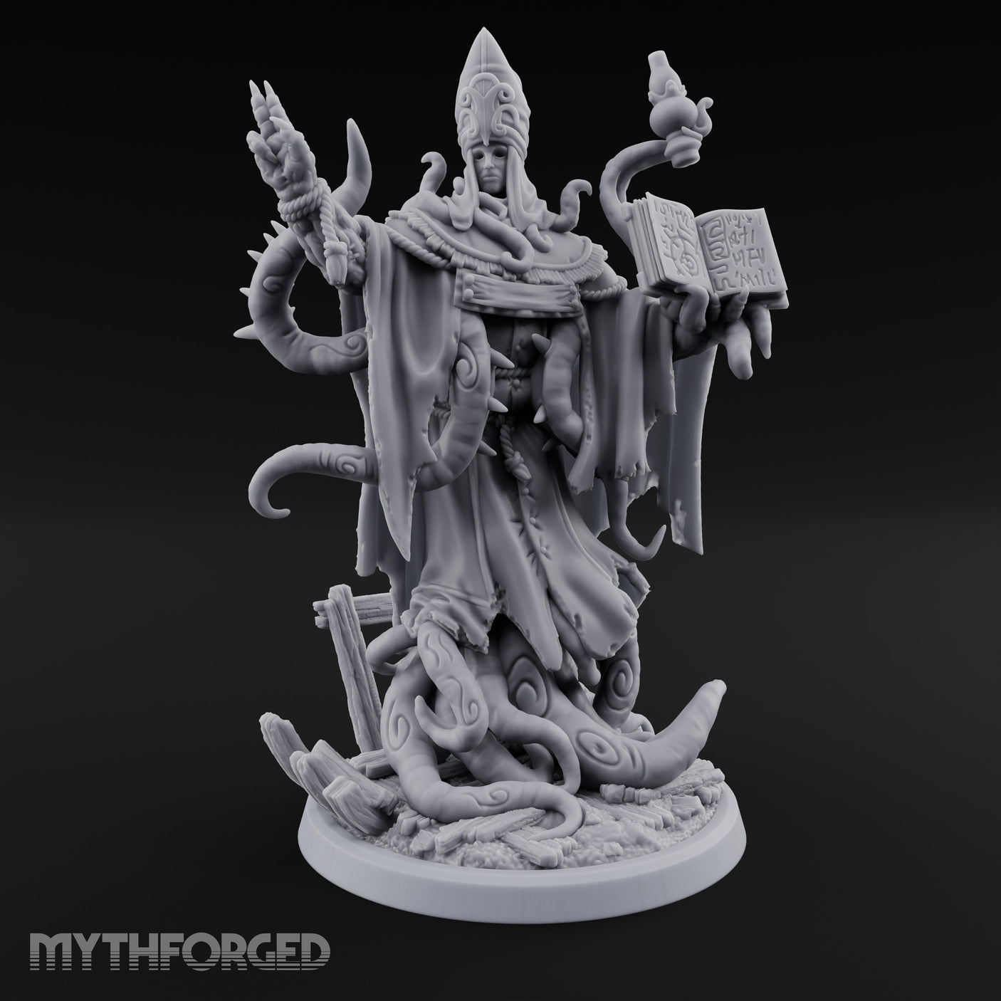 Tome Reading Staff Wielding Deep One Bishop B Miniature for Dungeons and Dragons, Pathfinder or other TTRPGs