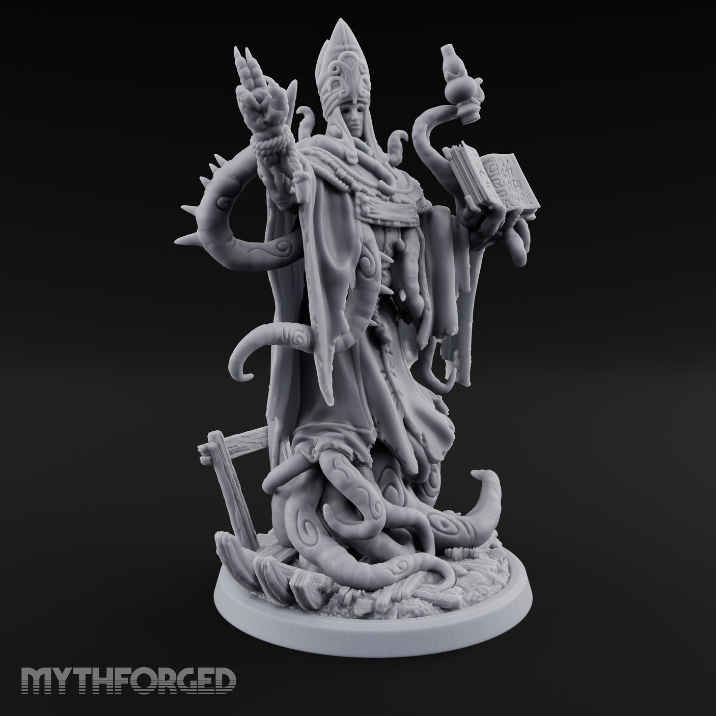 Tome Reading Staff Wielding Deep One Bishop B Miniature for Dungeons and Dragons, Pathfinder or other TTRPGs