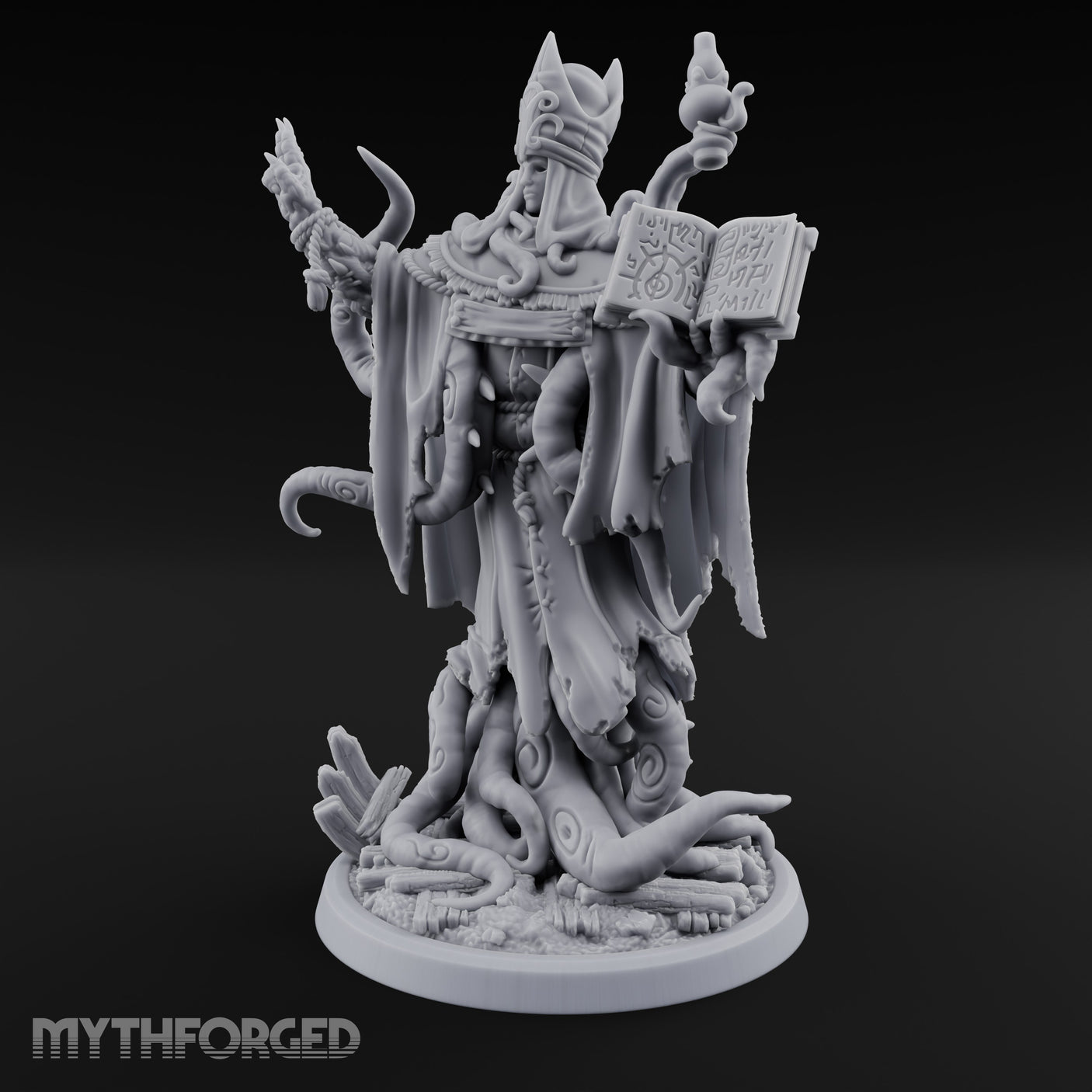 Tome Reading Staff Wielding Deep One Bishop B Miniature for Dungeons and Dragons, Pathfinder or other TTRPGs