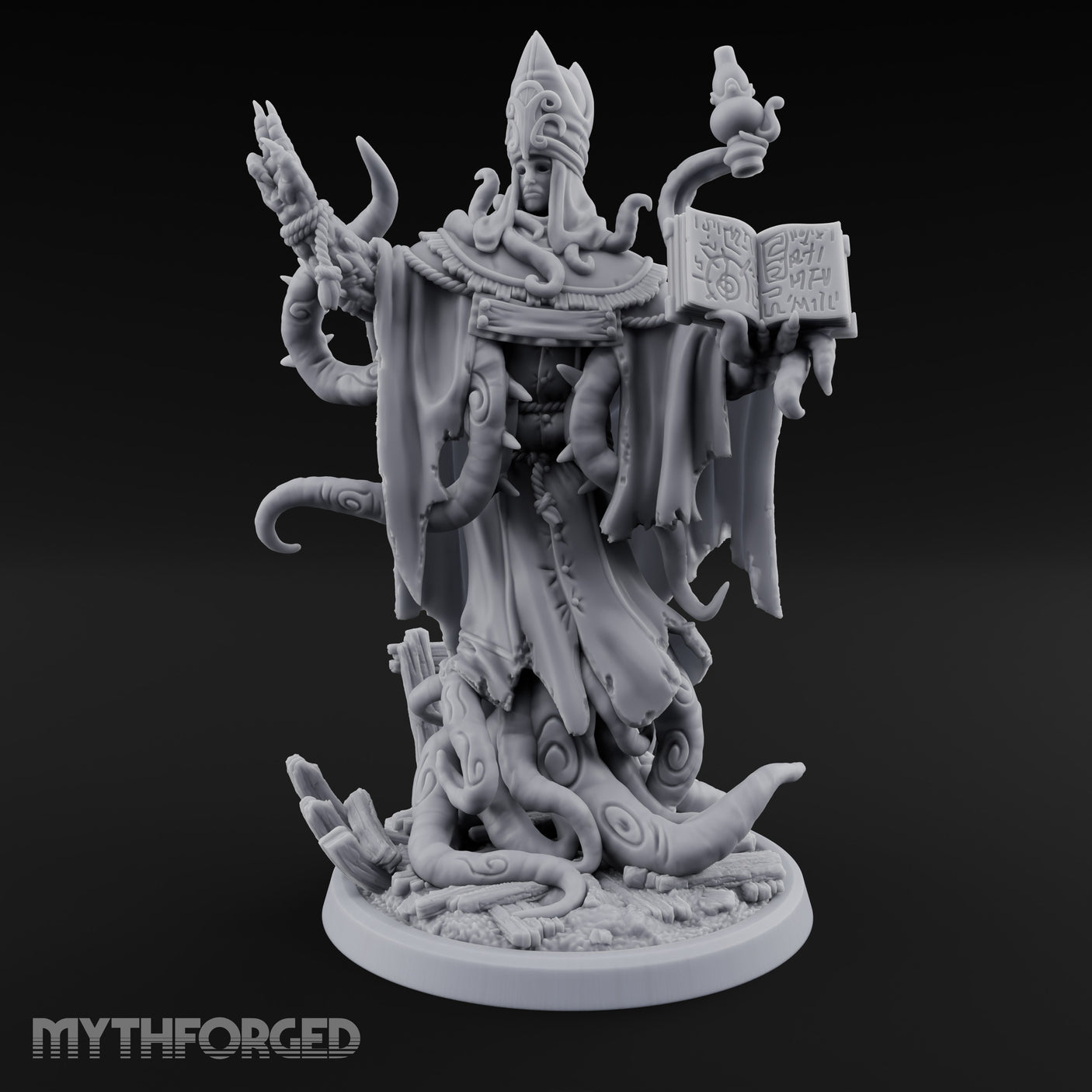 Tome Reading Staff Wielding Deep One Bishop B Miniature for Dungeons and Dragons, Pathfinder or other TTRPGs