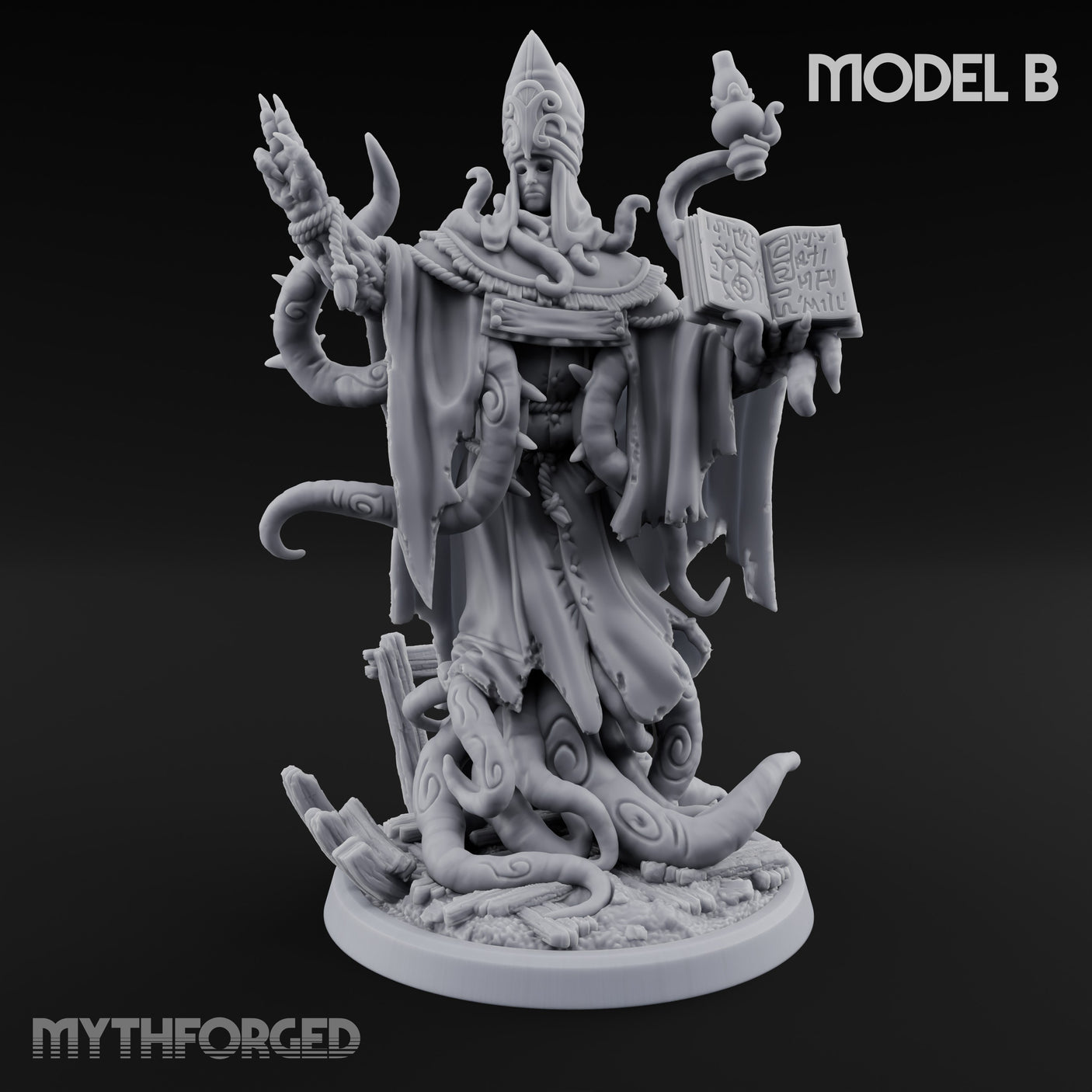 Tome Reading Staff Wielding Deep One Bishops Miniature for Dungeons and Dragons, Pathfinder or other TTRPGs