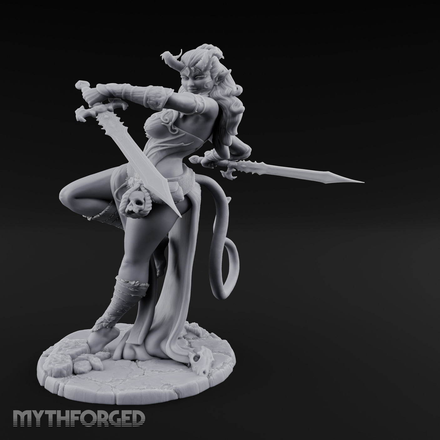 Twin Swords Knee Raised Tiefling Duelist Miniature for Dungeons and Dragons, Pathfinder or other TTRPGs