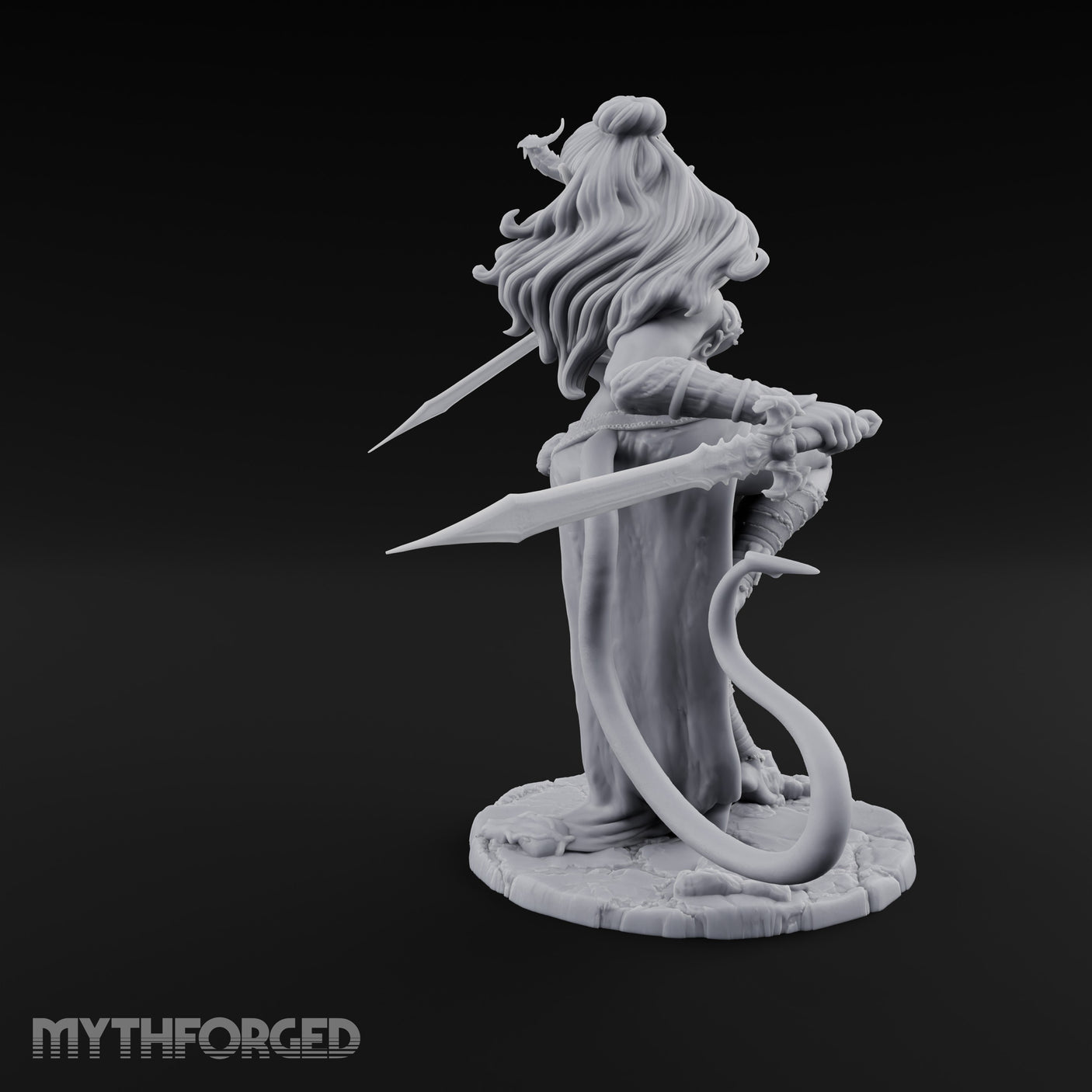 Twin Swords Knee Raised Tiefling Duelist Miniature for Dungeons and Dragons, Pathfinder or other TTRPGs