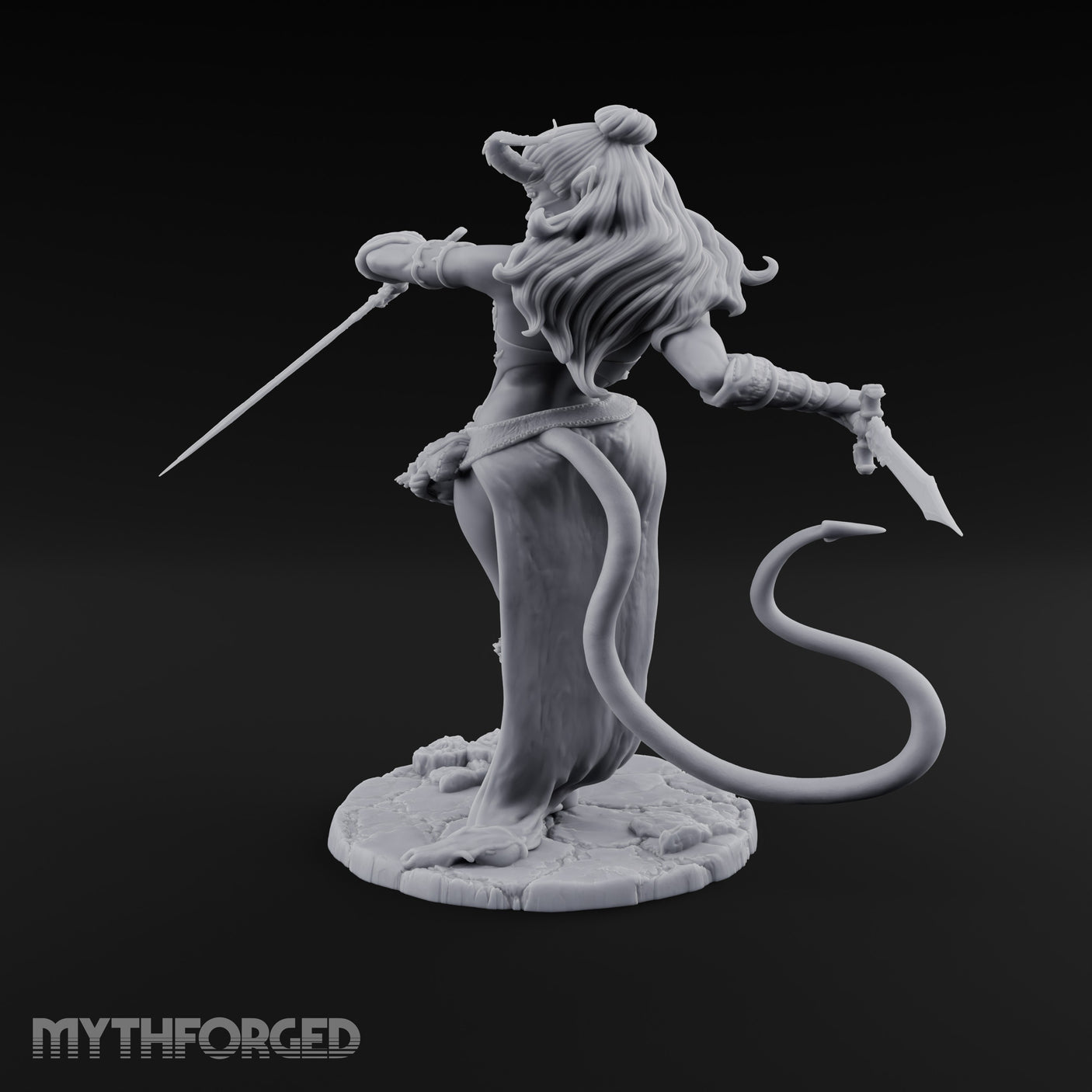 Twin Swords Knee Raised Tiefling Duelist Miniature for Dungeons and Dragons, Pathfinder or other TTRPGs