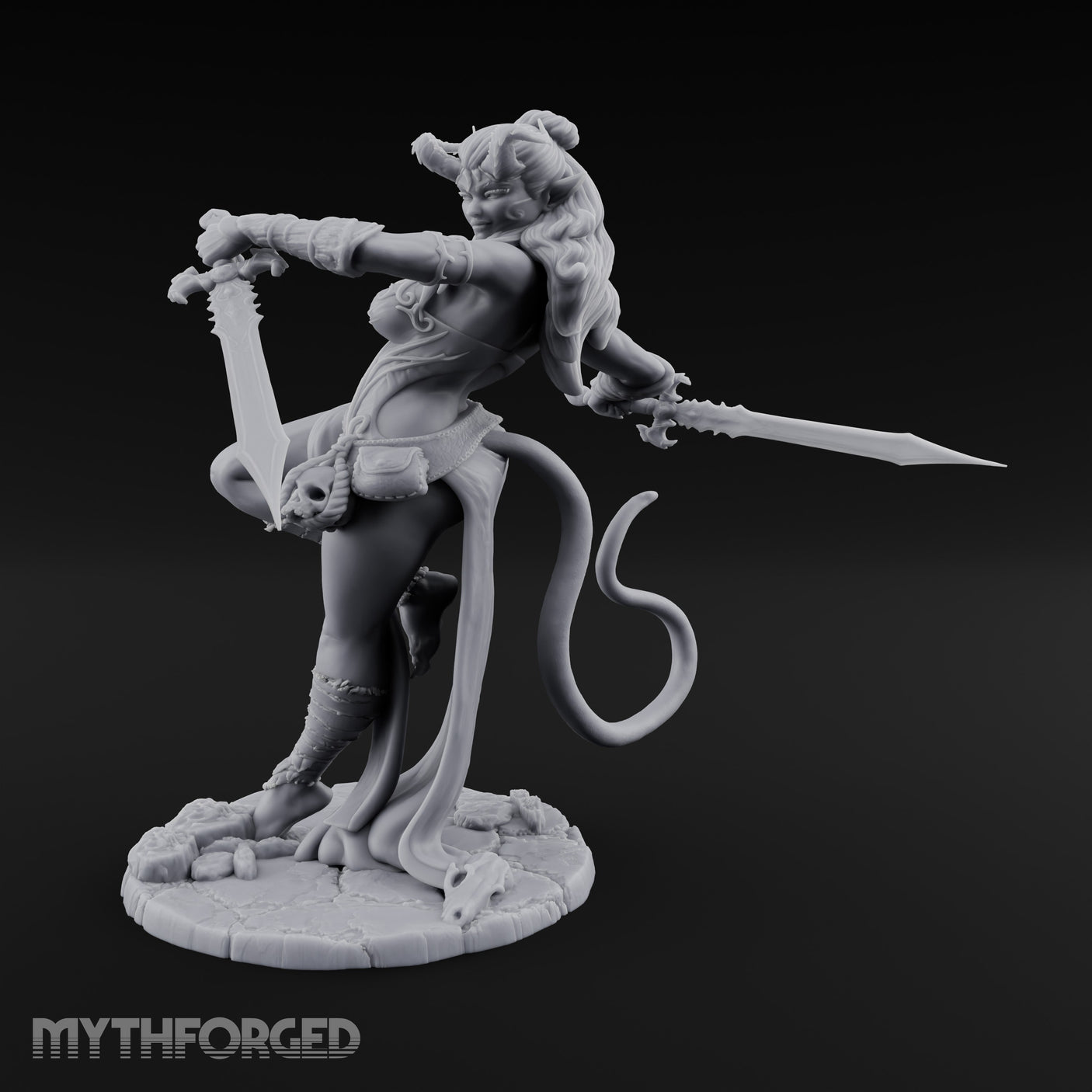 Twin Swords Knee Raised Tiefling Duelist Miniature for Dungeons and Dragons, Pathfinder or other TTRPGs