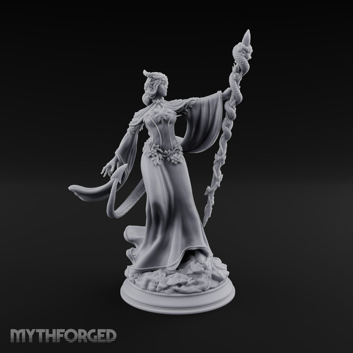 Serpent Staff, Silken Hem Tiefling Female Druid with Serpent-Wrapped Crystal Staff