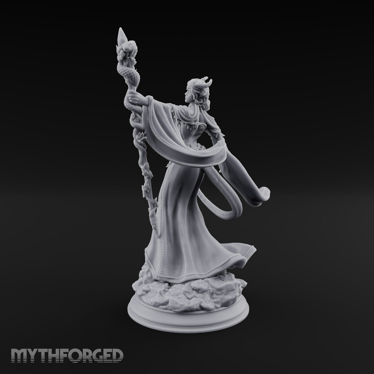 Serpent Staff, Silken Hem Tiefling Female Druid with Serpent-Wrapped Crystal Staff