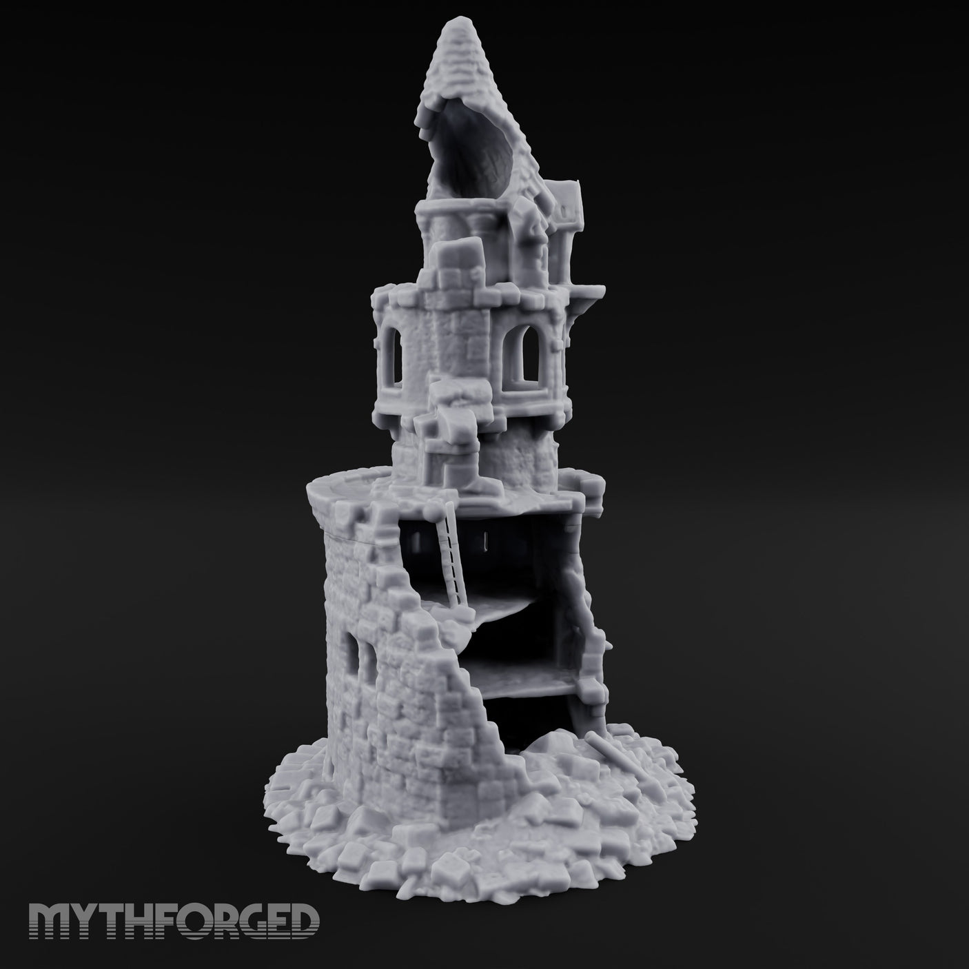 Wall-Sheared Rubble-Strewn Townhouse Tower Ruins Miniature for Dungeons and Dragons, Pathfinder or other TTRPGs