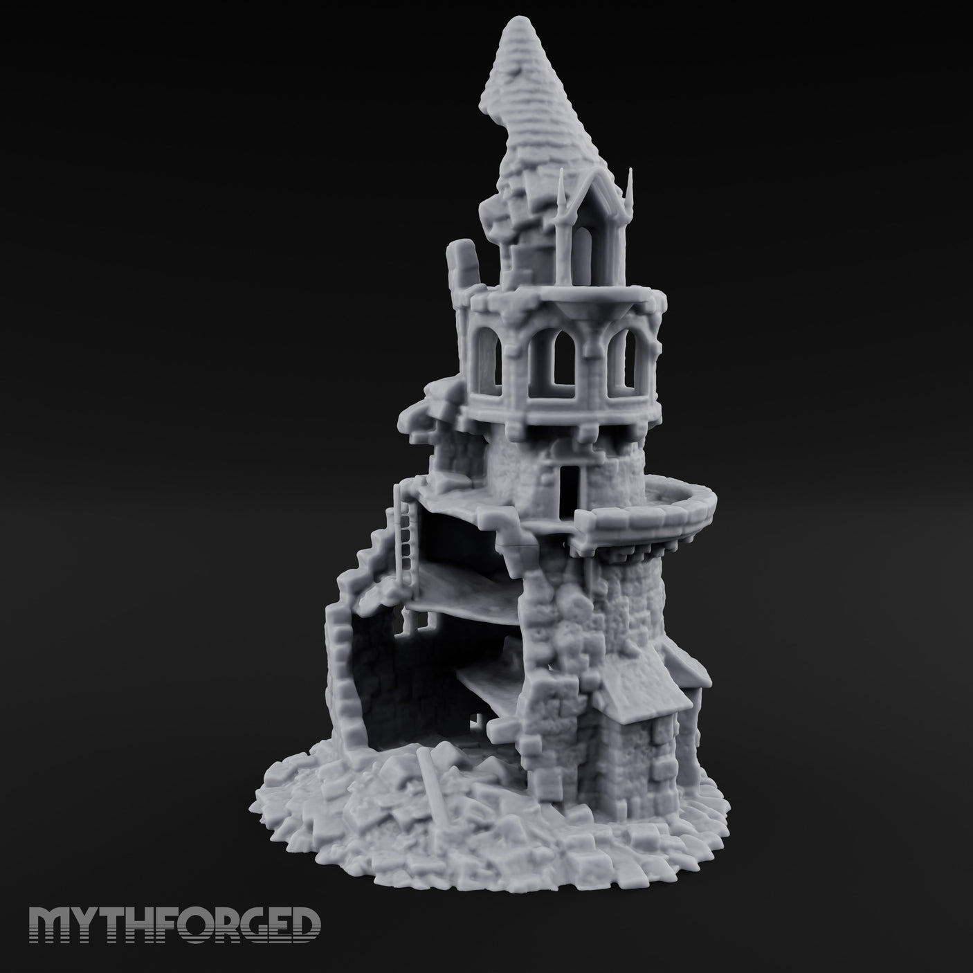 Wall-Sheared Rubble-Strewn Townhouse Tower Ruins Miniature for Dungeons and Dragons, Pathfinder or other TTRPGs