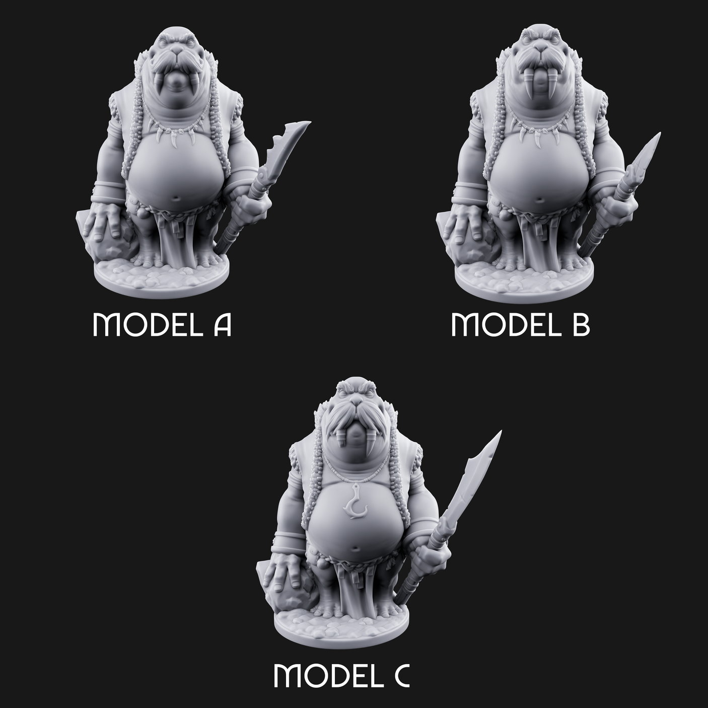 Belly Out Prowling Walrusfolk Hunters Miniature for Dungeons and Dragons, Pathfinder or other TTRPGs