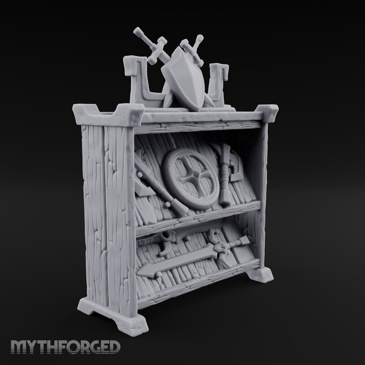 Sharpened Sales Pitch Wooden Weapons Display Rack — Stocked