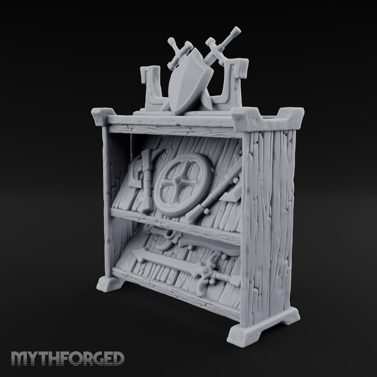 Sharpened Sales Pitch Wooden Weapons Display Rack — Stocked