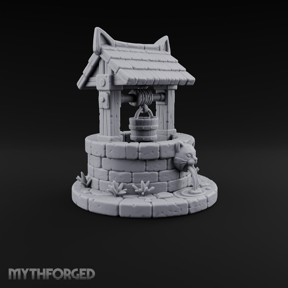 Drink Under Watchful Whiskers Roofed Cat-Head Stone Well