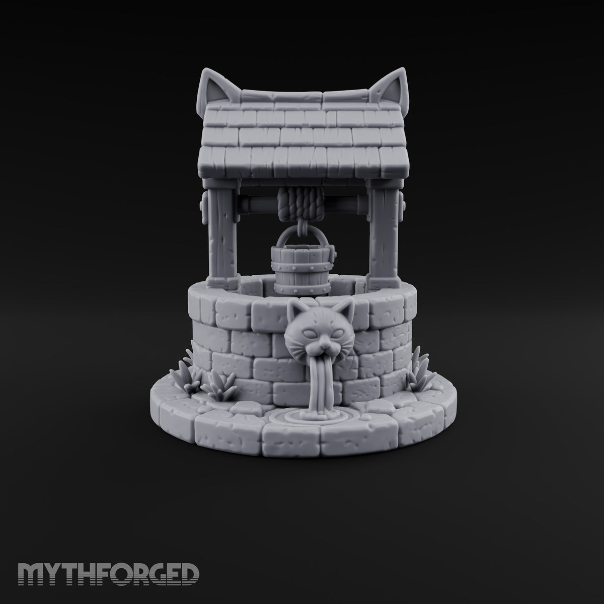 Drink Under Watchful Whiskers Roofed Cat-Head Stone Well